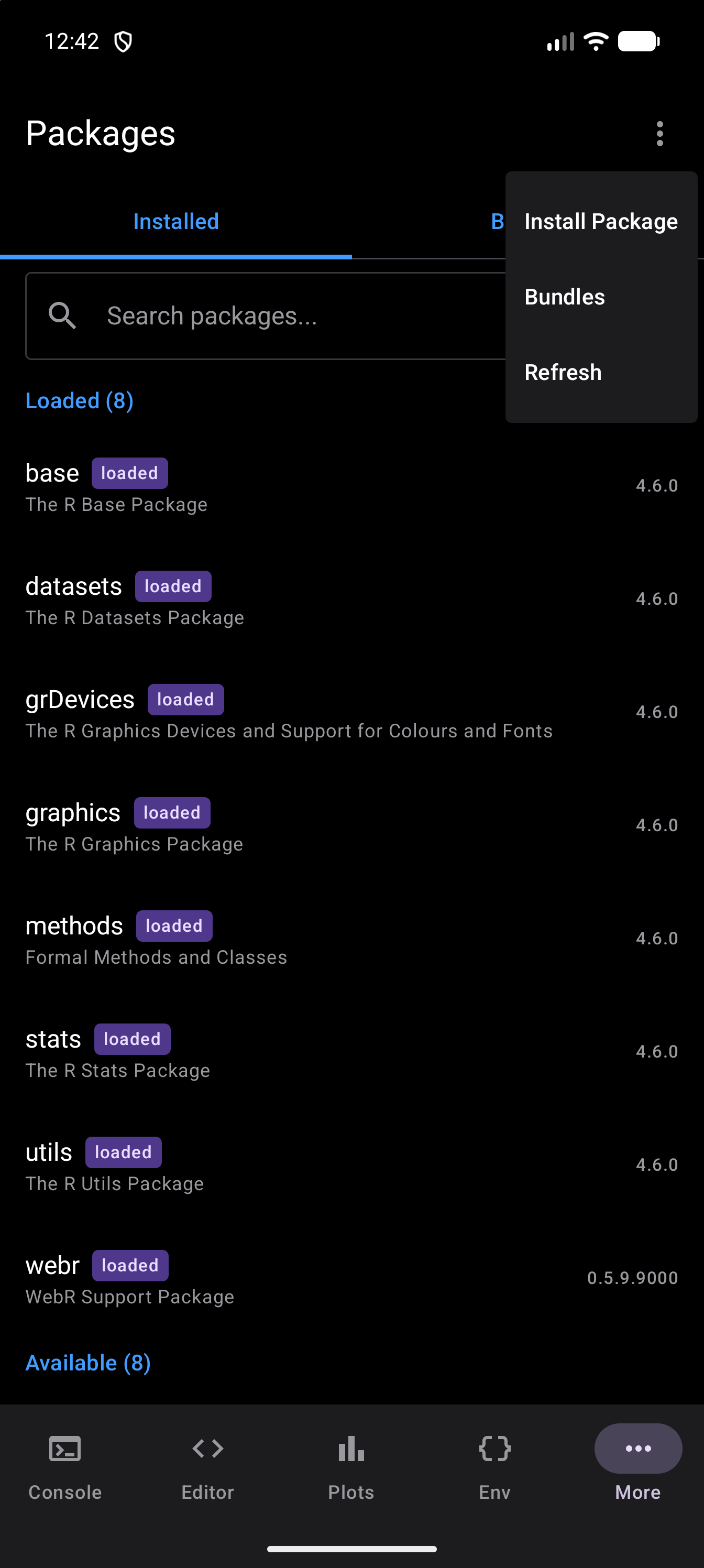 Packages screen with the three-dot toolbar menu open over the Installed tab, offering Install Package, Bundles and Refresh, in dark mode