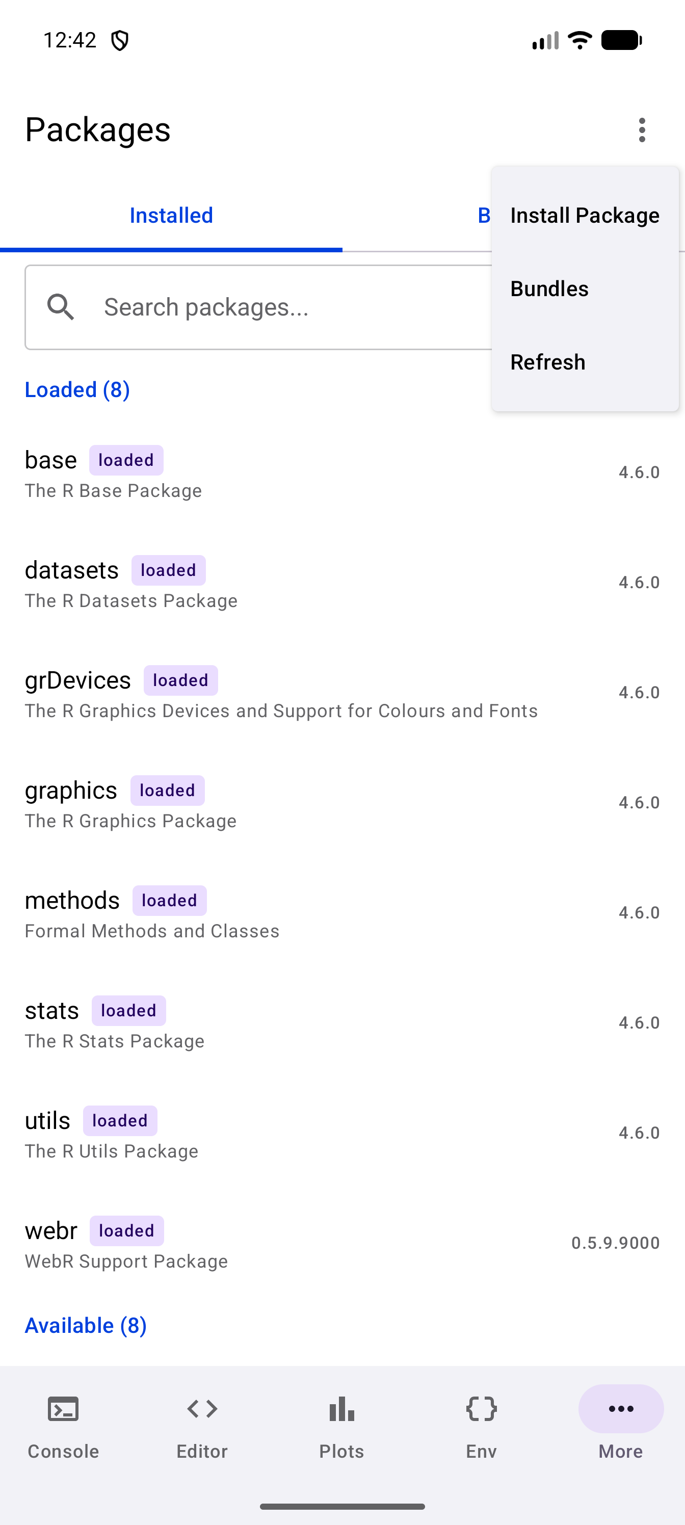 Packages screen with the three-dot toolbar menu open over the Installed tab, offering Install Package, Bundles and Refresh