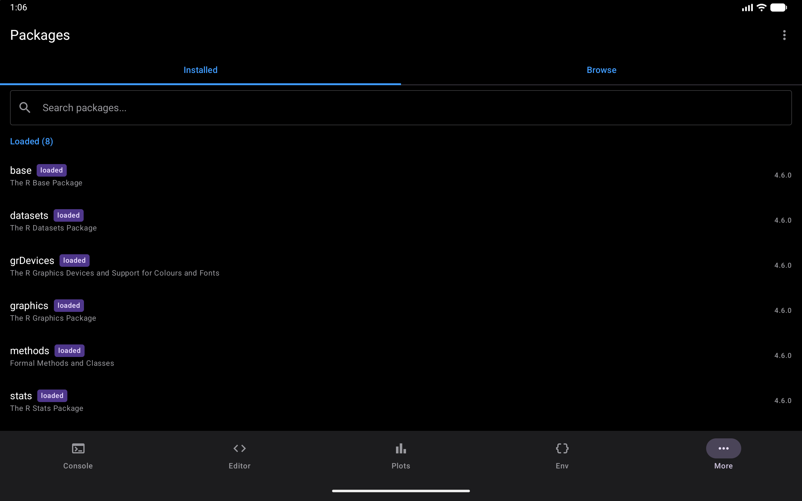 Installed tab of the Packages screen, opening on the loaded packages, on a tablet, in dark mode