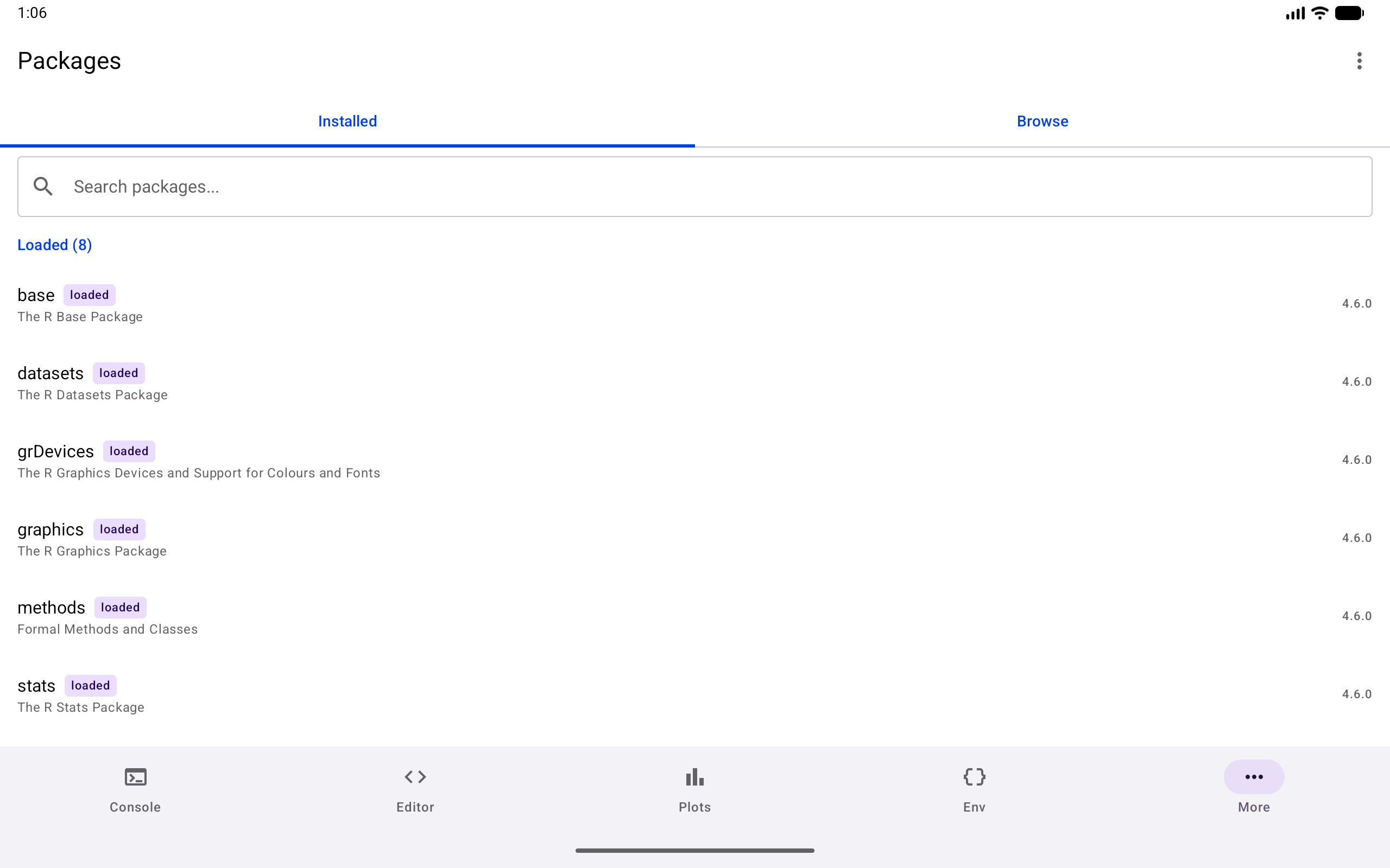 Installed tab of the Packages screen, opening on the loaded packages, on a tablet