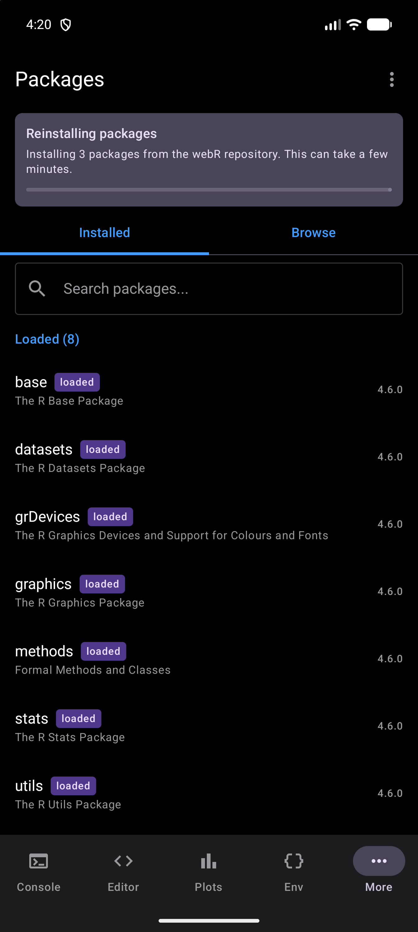 Packages screen with the notice now titled Reinstalling packages, saying it is installing 3 packages from the webR repository and that this can take a few minutes, with a progress bar under the message, in dark mode
