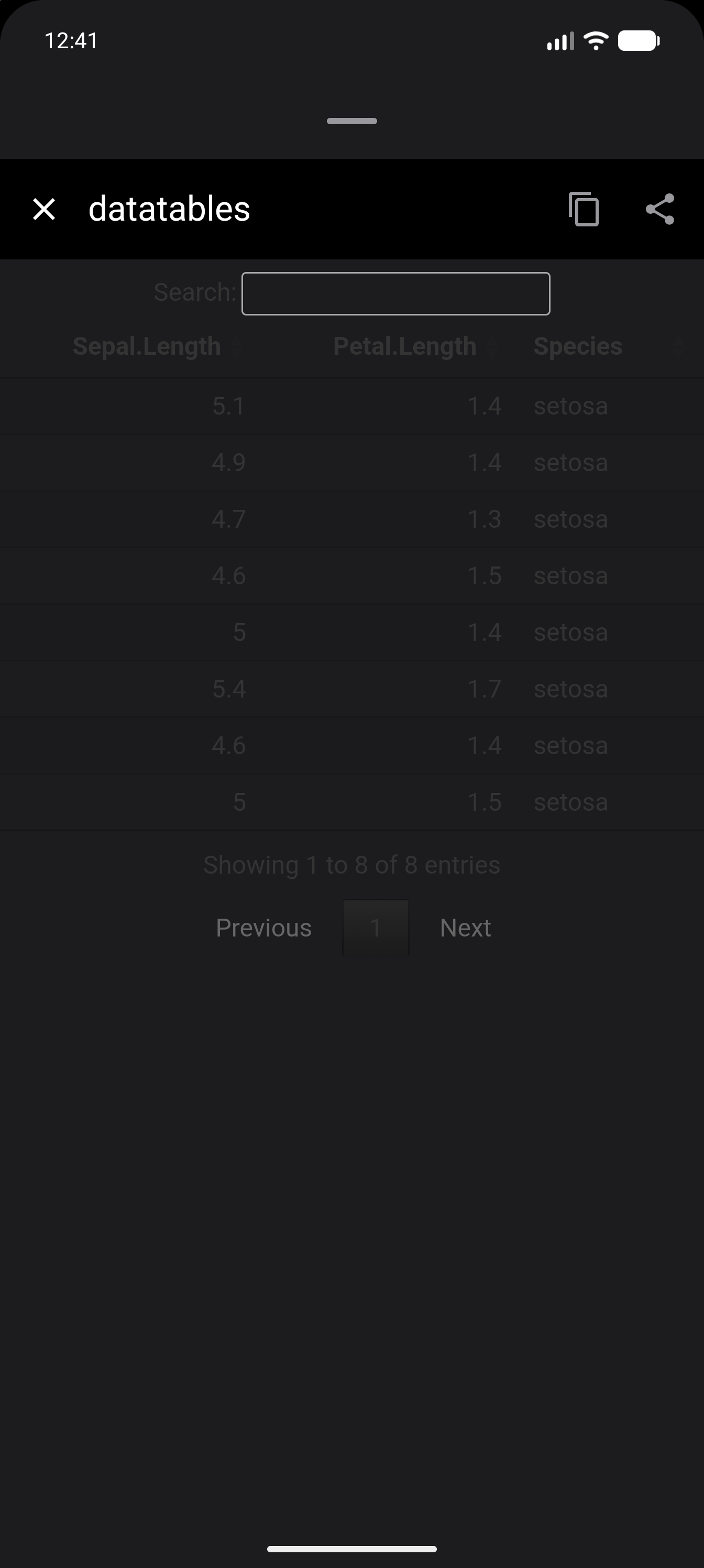 A DT table of iris rendered in the interactive plot viewer, in dark mode