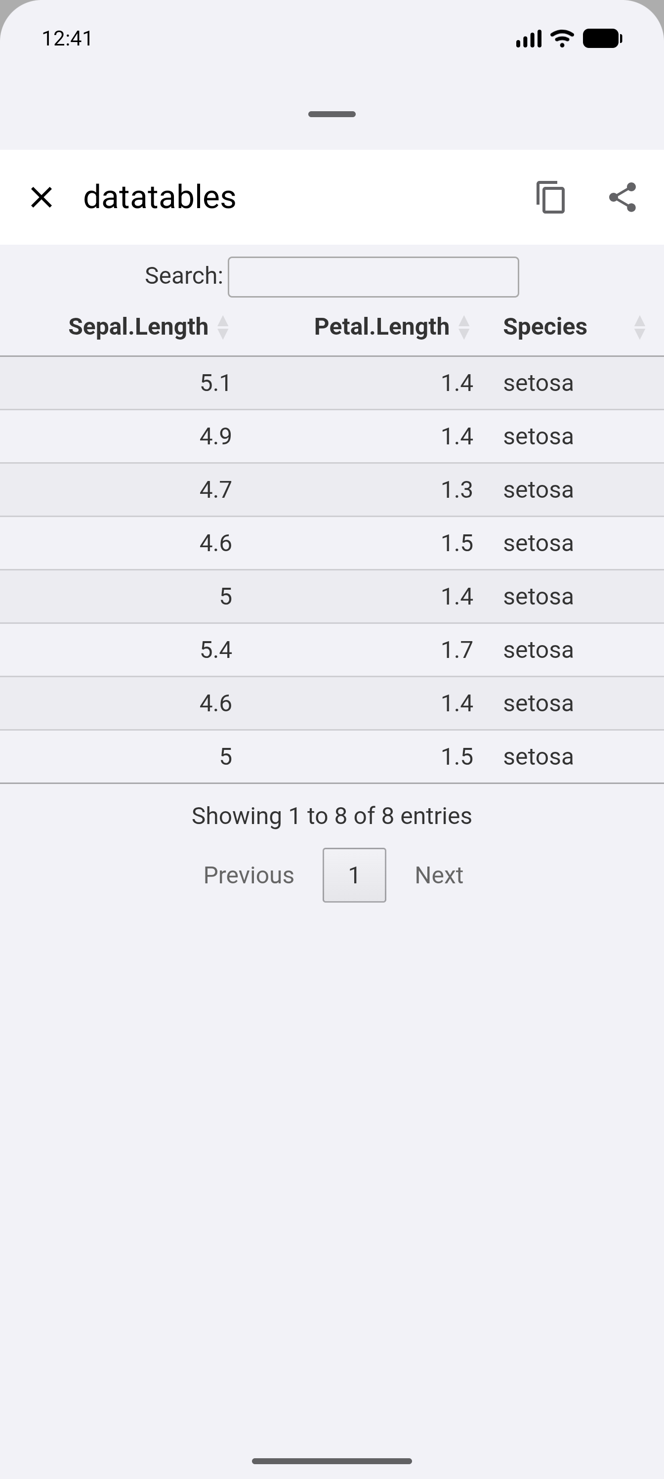 A DT table of iris rendered in the interactive plot viewer