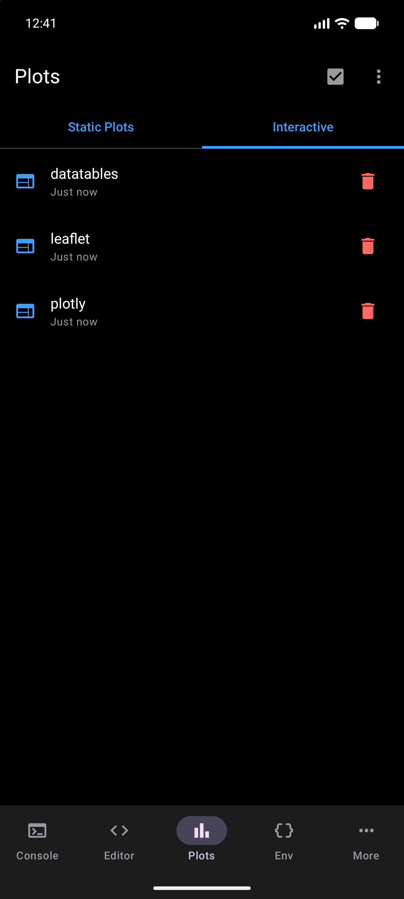 The Interactive tab listing three captured widgets: datatables, leaflet and plotly, in dark mode