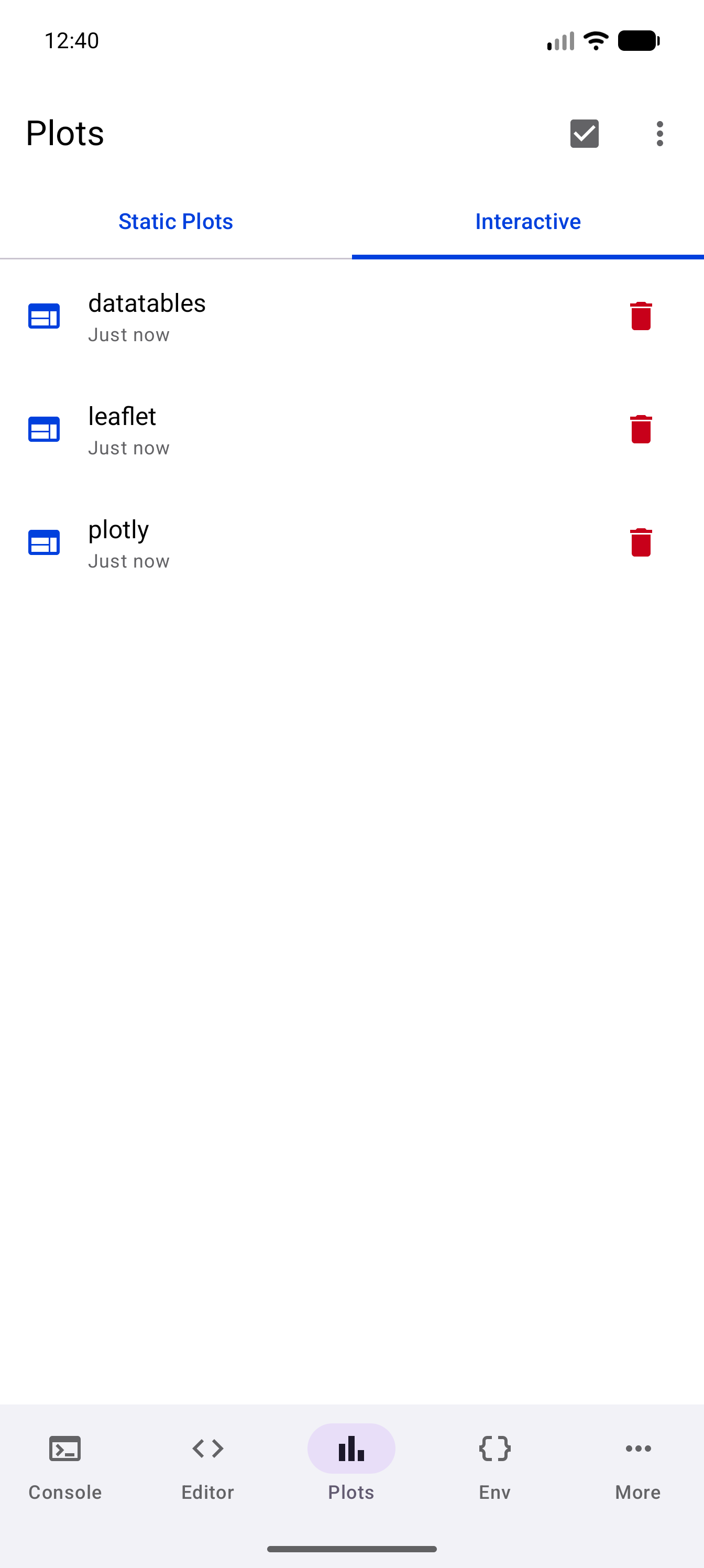 The Interactive tab listing three captured widgets: datatables, leaflet and plotly