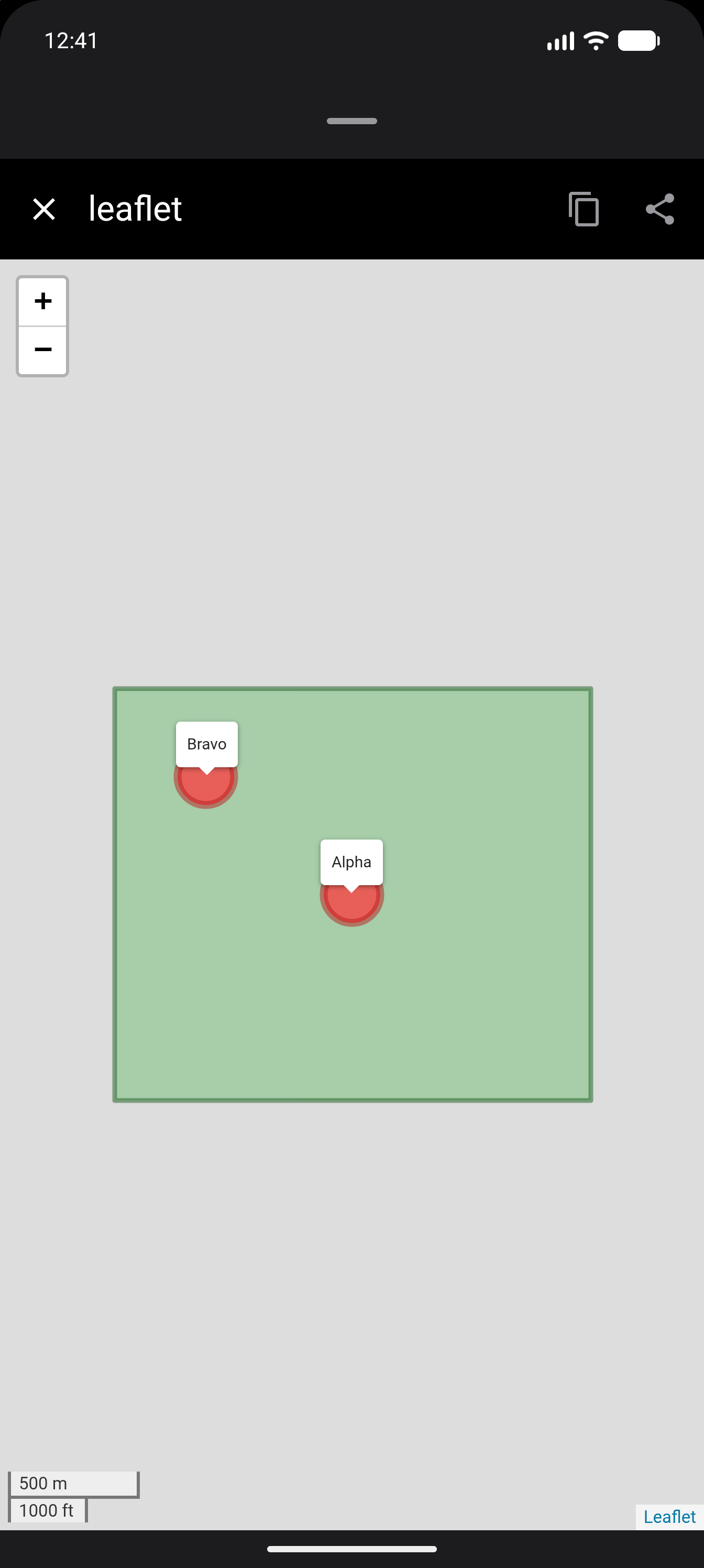 A leaflet map with circle markers, labels and a scale bar, in dark mode