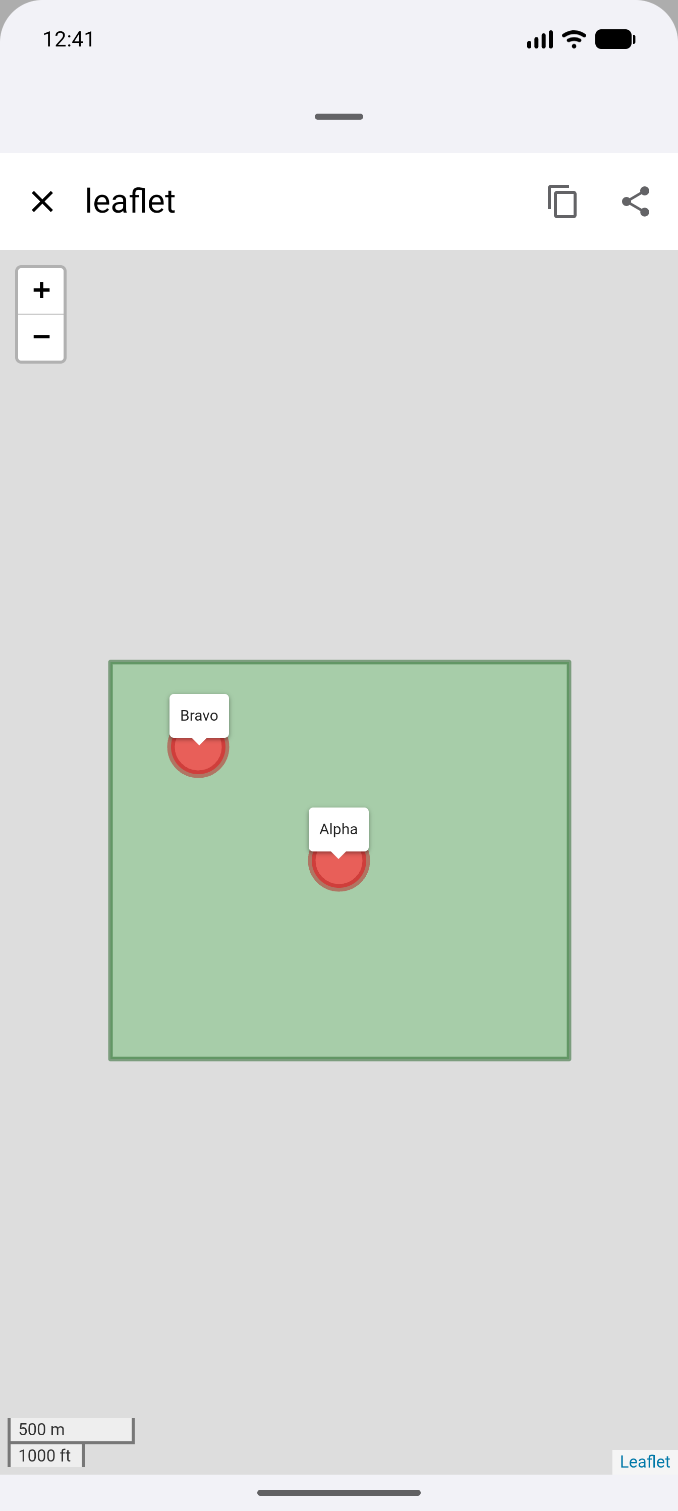 A leaflet map with circle markers, labels and a scale bar