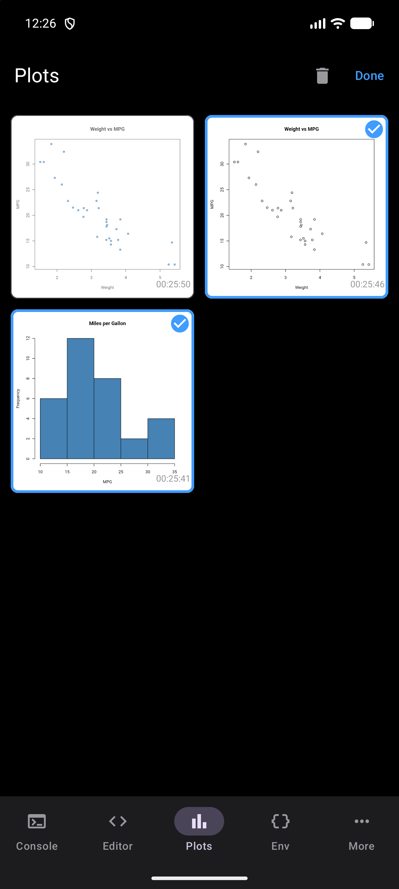 The Plots gallery in selection mode, with an open-circle Weight vs MPG scatter plot and a Miles per Gallon histogram ticked and outlined in blue, a filled-dot scatter plot unticked and faded, and a trash can and Done in the toolbar, in dark mode
