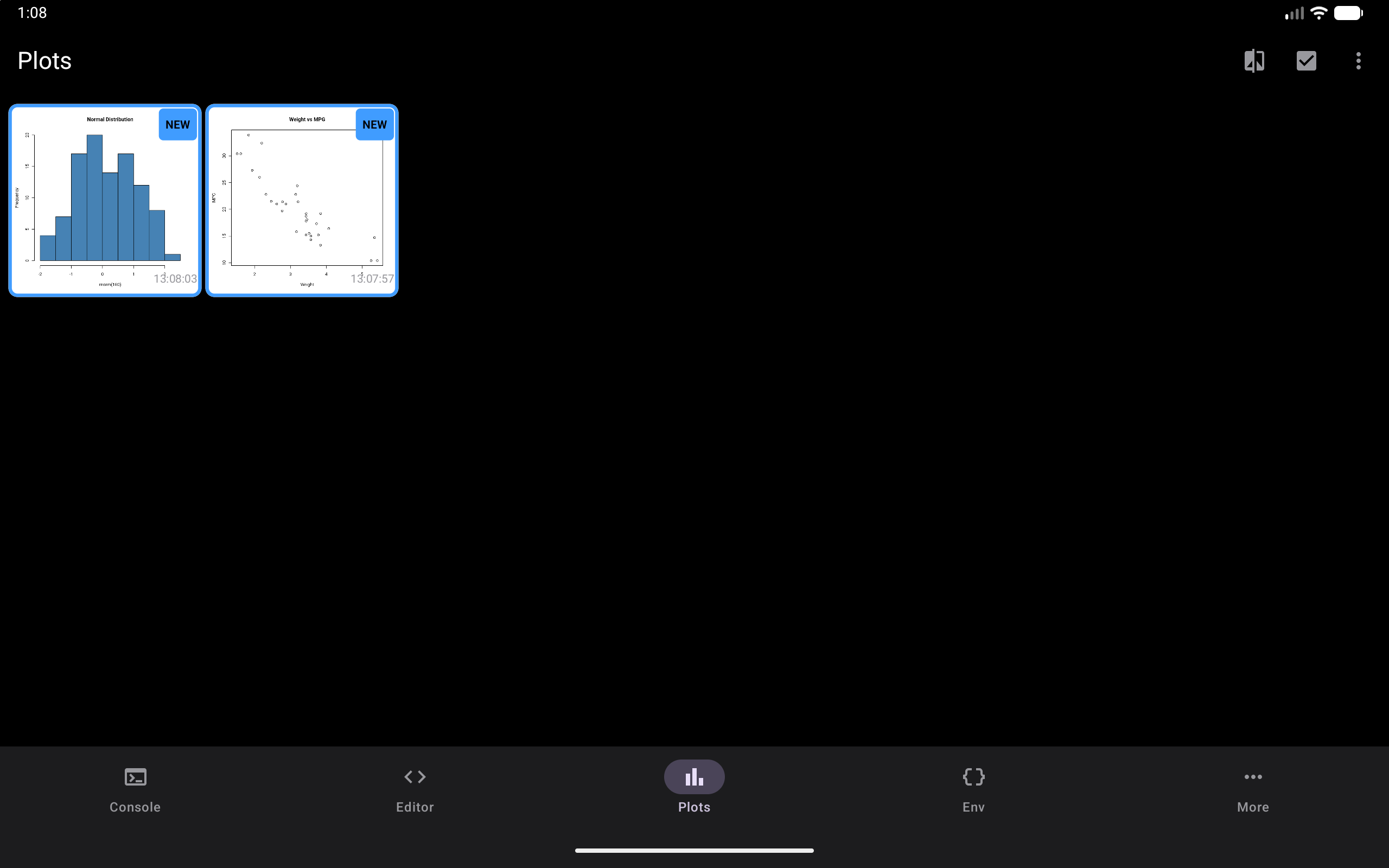 Plots gallery with captured plots, on a tablet, in dark mode