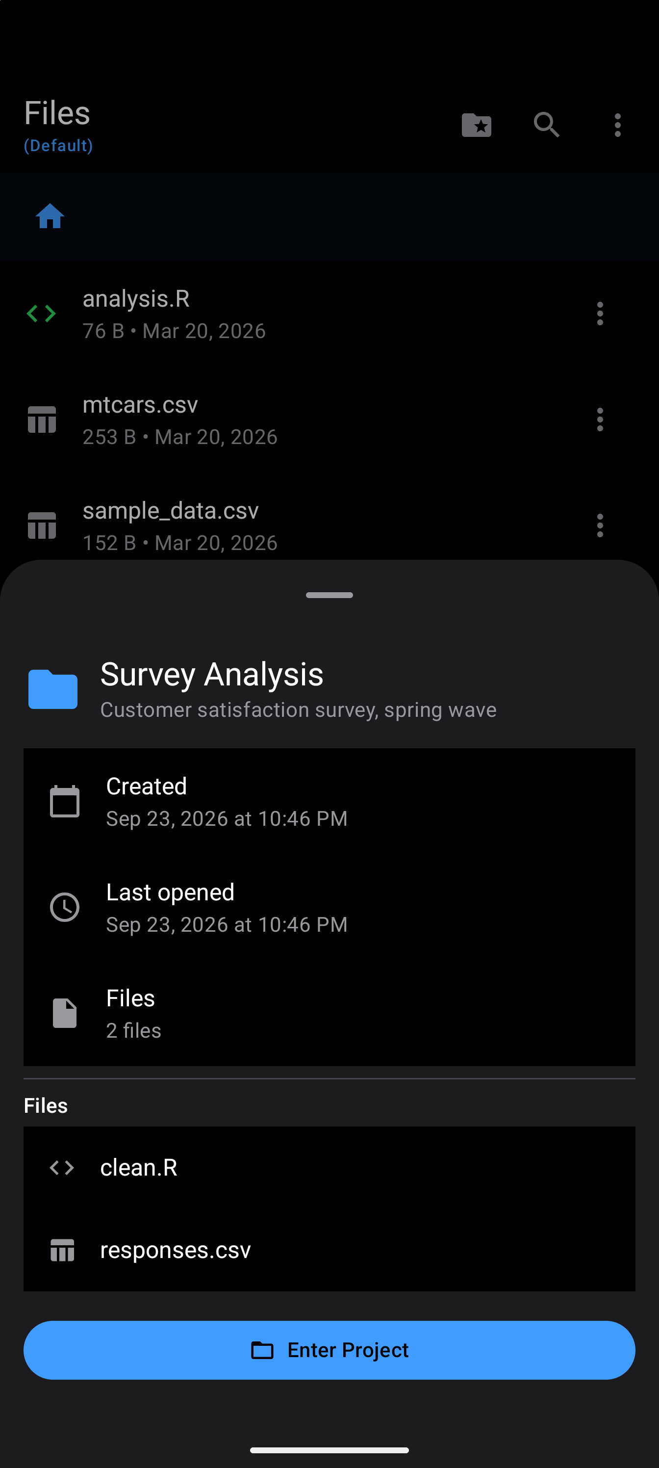 Detail sheet for the Survey Analysis project, which is not the active one, showing its description “Customer satisfaction survey, spring wave”, when it was created and last opened, its two files clean.R and responses.csv, and the Enter Project button at the bottom, in dark mode