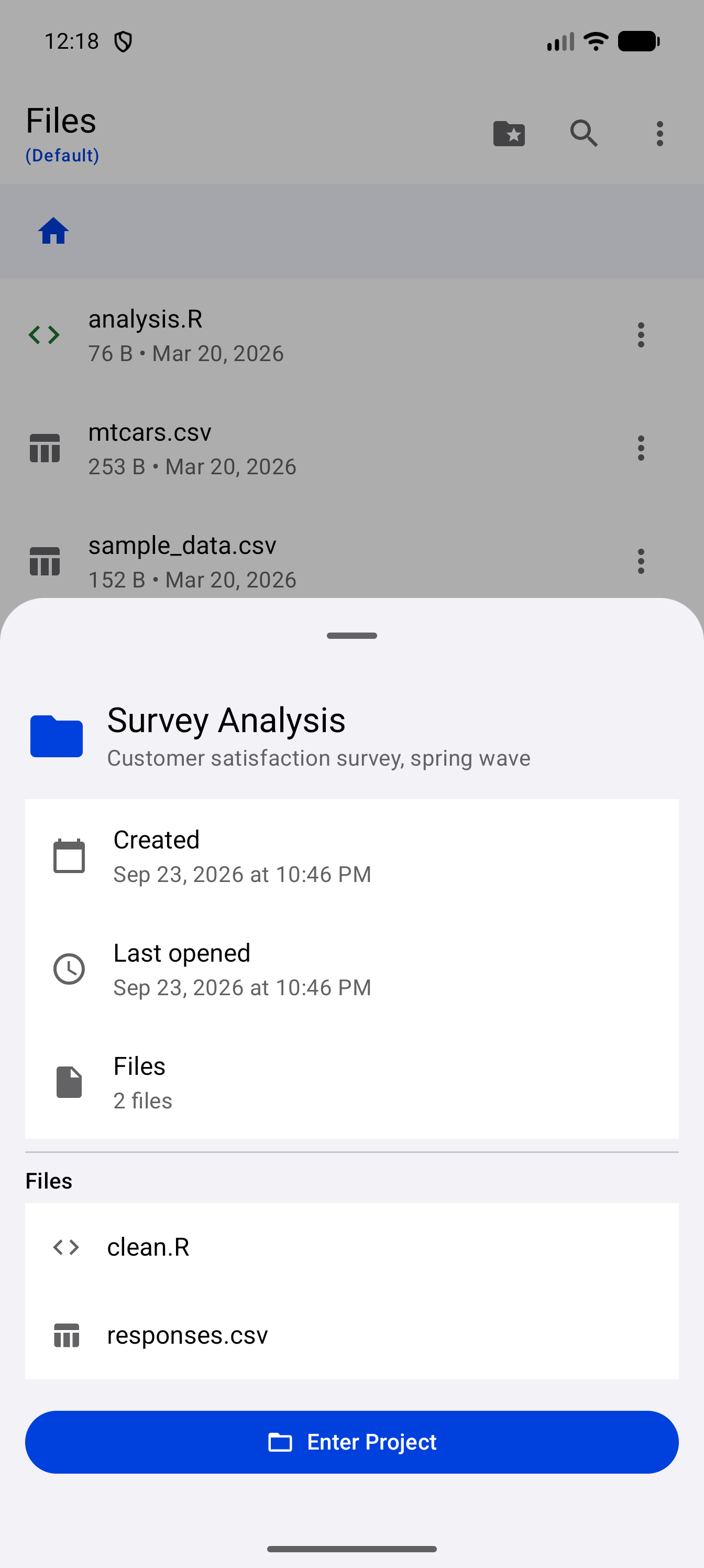 Detail sheet for the Survey Analysis project, which is not the active one, showing its description “Customer satisfaction survey, spring wave”, when it was created and last opened, its two files clean.R and responses.csv, and the Enter Project button at the bottom