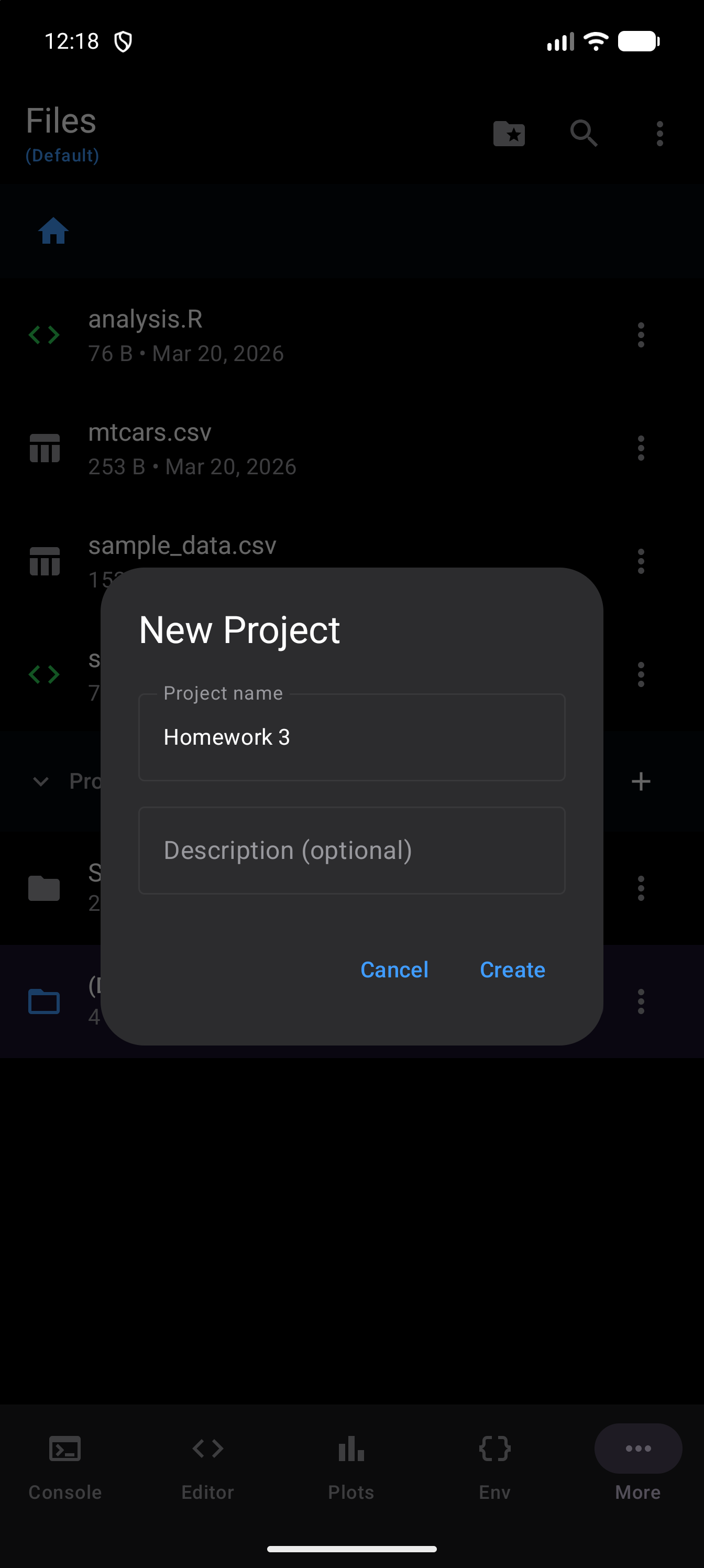 The New Project dialog with Homework 3 typed as the project name, an empty Description (optional) field, and Cancel and Create buttons, in dark mode