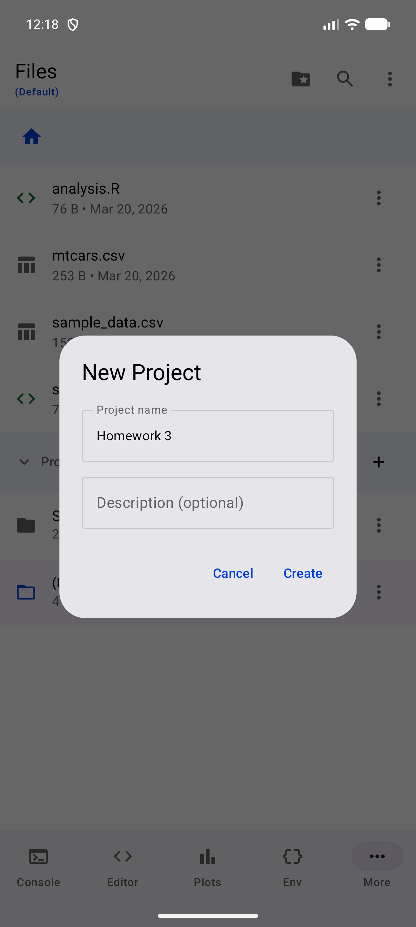The New Project dialog with Homework 3 typed as the project name, an empty Description (optional) field, and Cancel and Create buttons