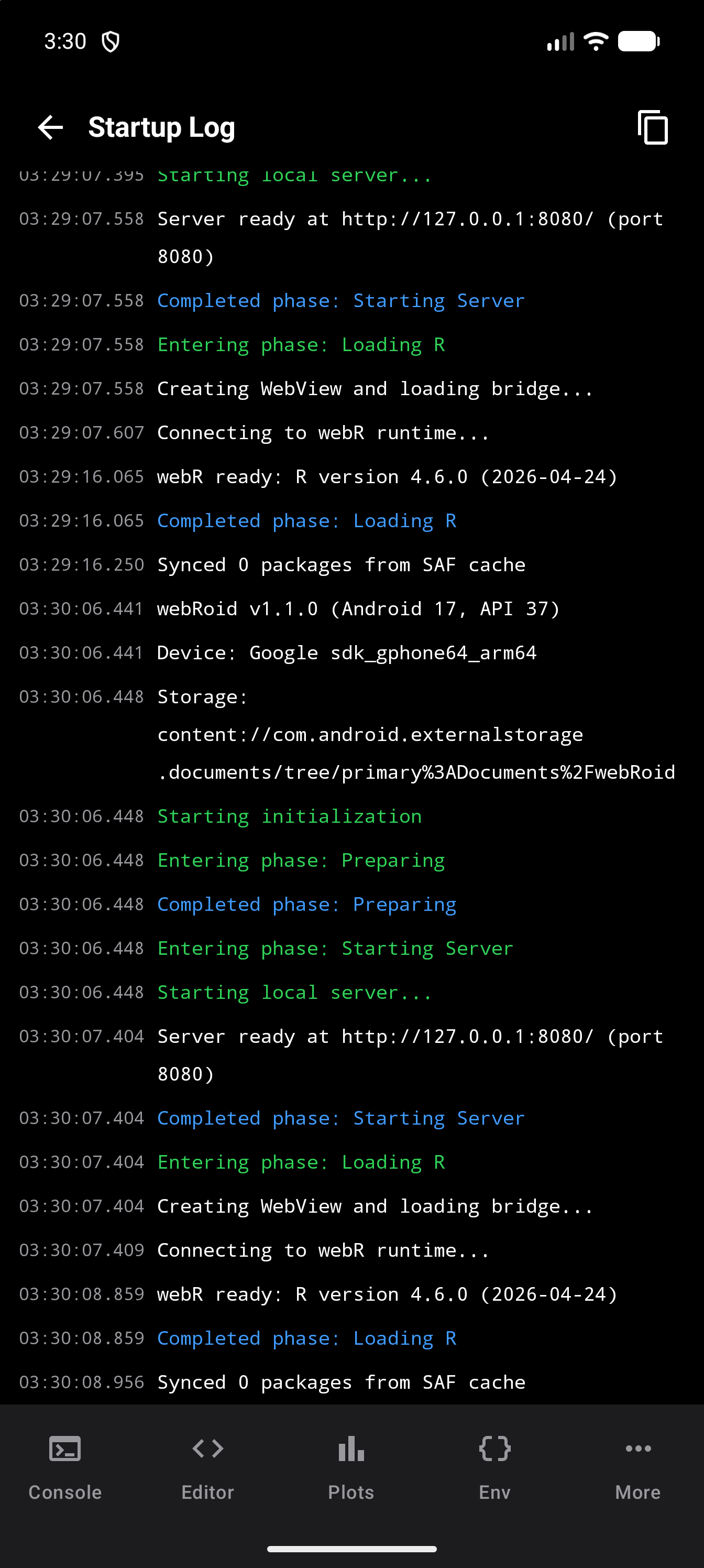 The Startup Log open in place of the Send Feedback form, with a back arrow, its title and a copy button at the top, above timestamped entries from two app launches, scrolled to the newest, which end just after R finished loading, in dark mode