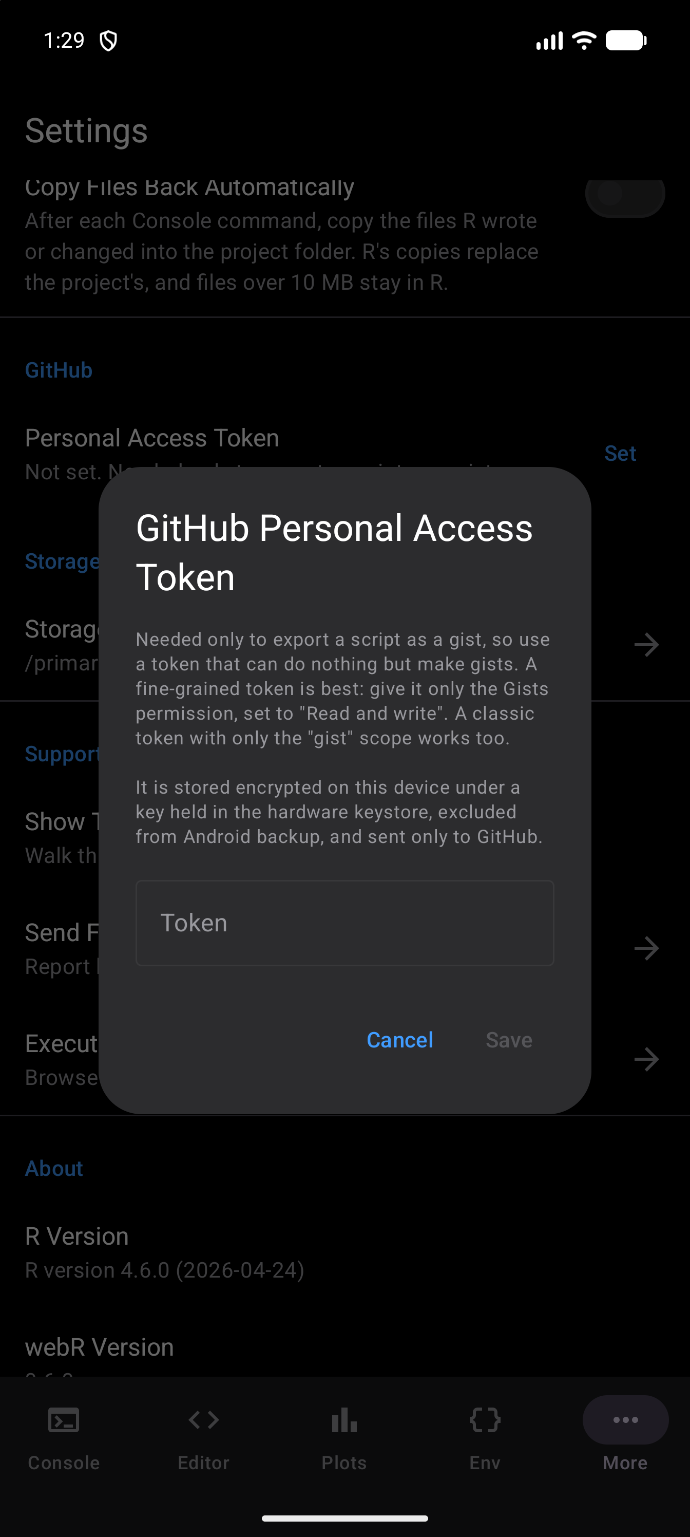 GitHub Personal Access Token dialog over Settings, explaining to use a token that can do nothing but make gists and how the token is stored, with an empty Token field, Cancel, and Save greyed out, in dark mode