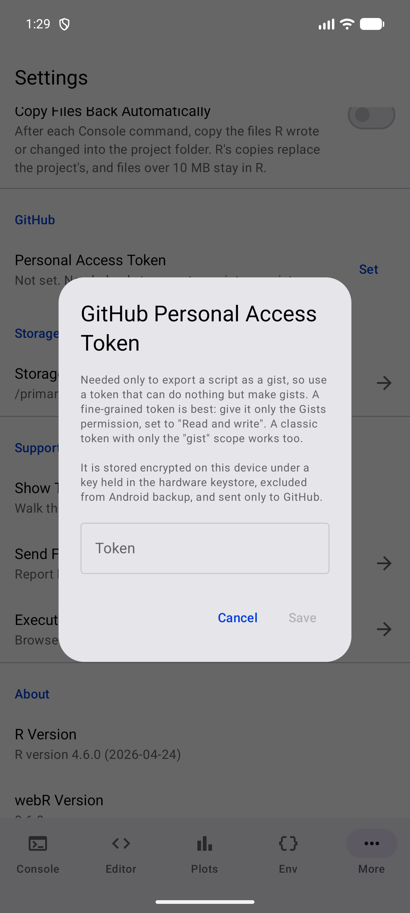 GitHub Personal Access Token dialog over Settings, explaining to use a token that can do nothing but make gists and how the token is stored, with an empty Token field, Cancel, and Save greyed out