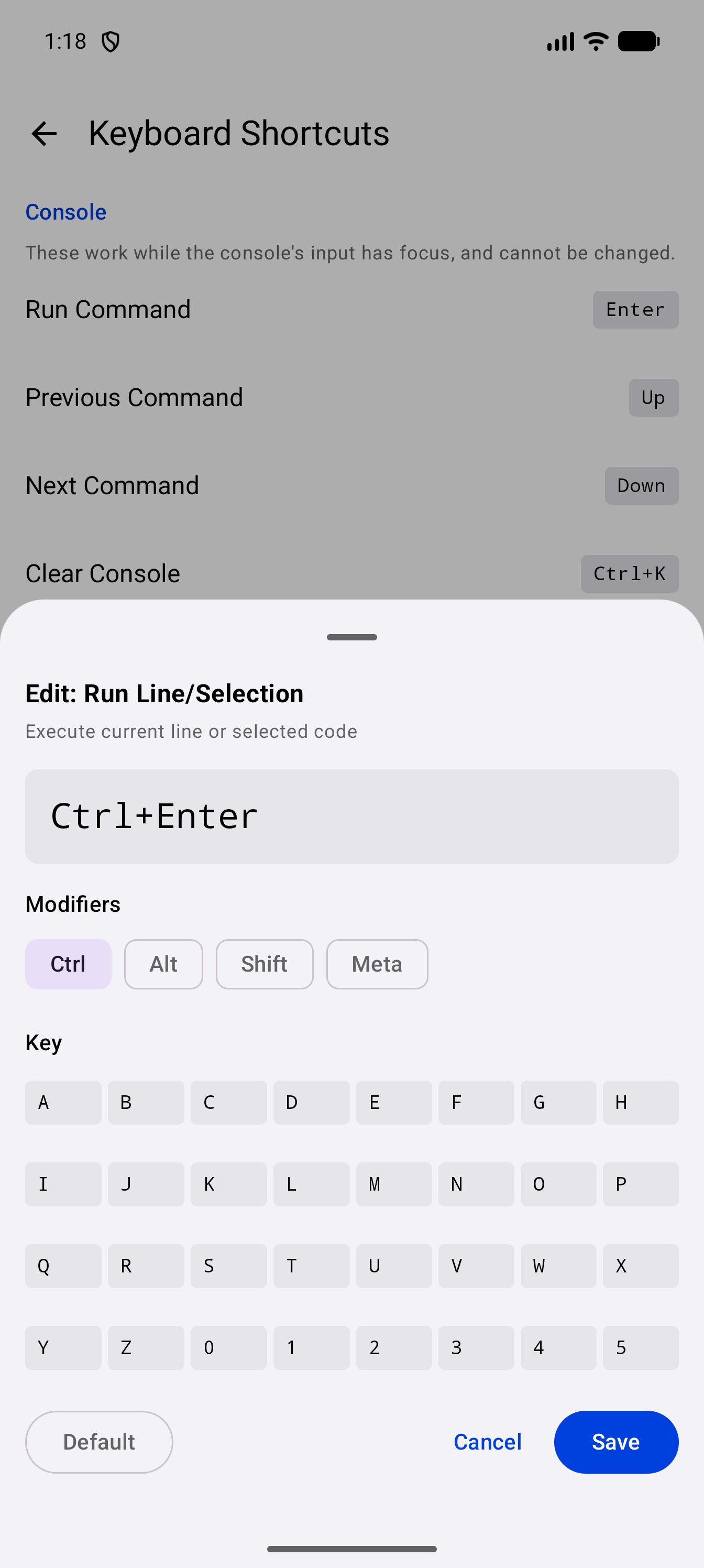 The sheet for rebinding Run Line/Selection, showing its keys Ctrl+Enter, the Ctrl, Alt, Shift and Meta modifier chips with Ctrl selected, a grid of letter and number keys, and the Default, Cancel and Save buttons