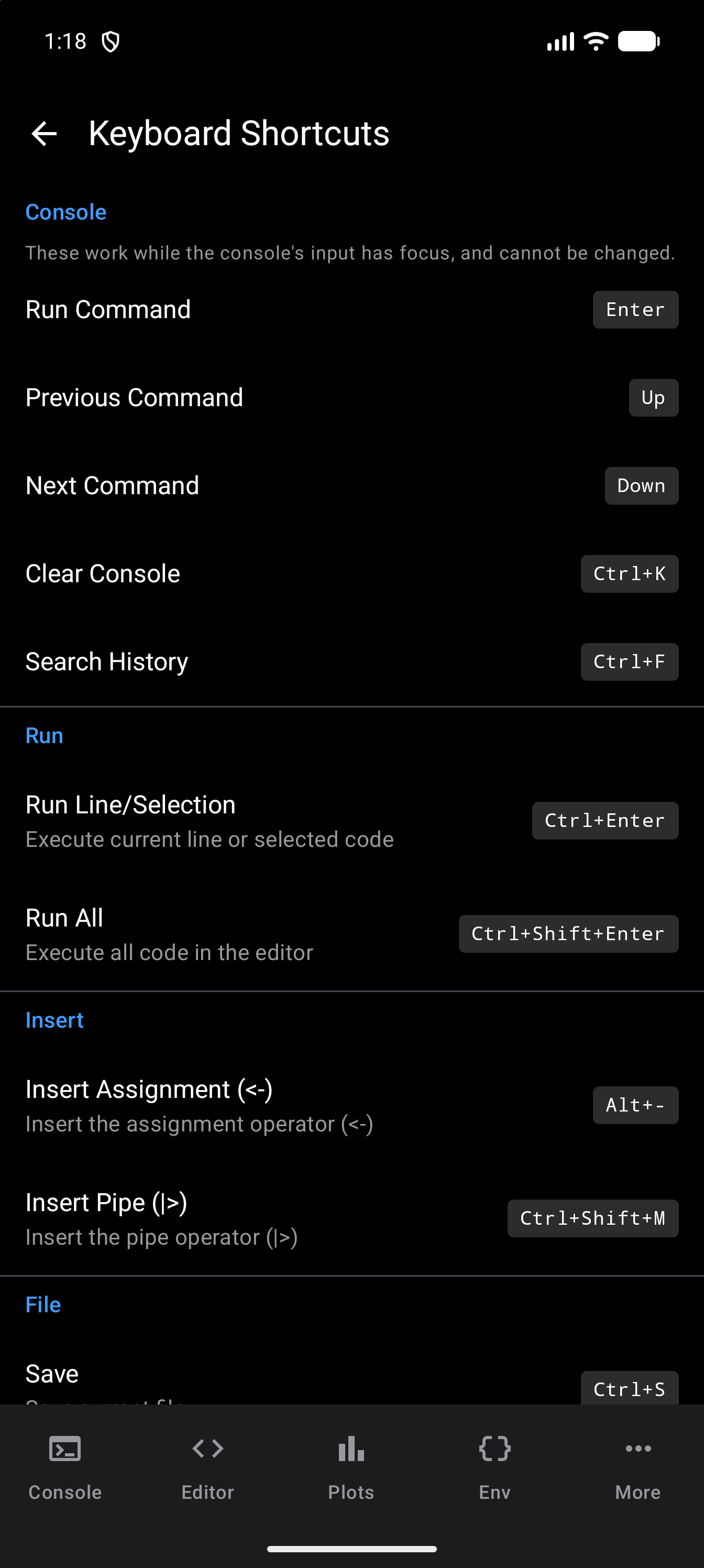 Keyboard Shortcuts screen with the Console’s fixed shortcuts at the top, marked as unchangeable, then the Run group with Run Line/Selection on Ctrl+Enter and Run All on Ctrl+Shift+Enter, the Insert group with Insert Assignment on Alt+- and Insert Pipe on Ctrl+Shift+M, and the start of the File group, in dark mode