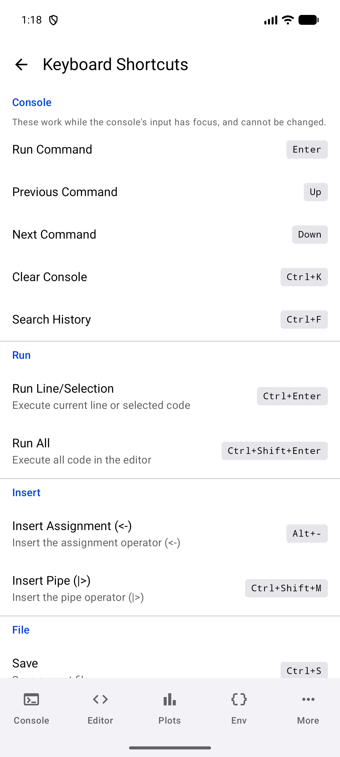 Keyboard Shortcuts screen with the Console’s fixed shortcuts at the top, marked as unchangeable, then the Run group with Run Line/Selection on Ctrl+Enter and Run All on Ctrl+Shift+Enter, the Insert group with Insert Assignment on Alt+- and Insert Pipe on Ctrl+Shift+M, and the start of the File group