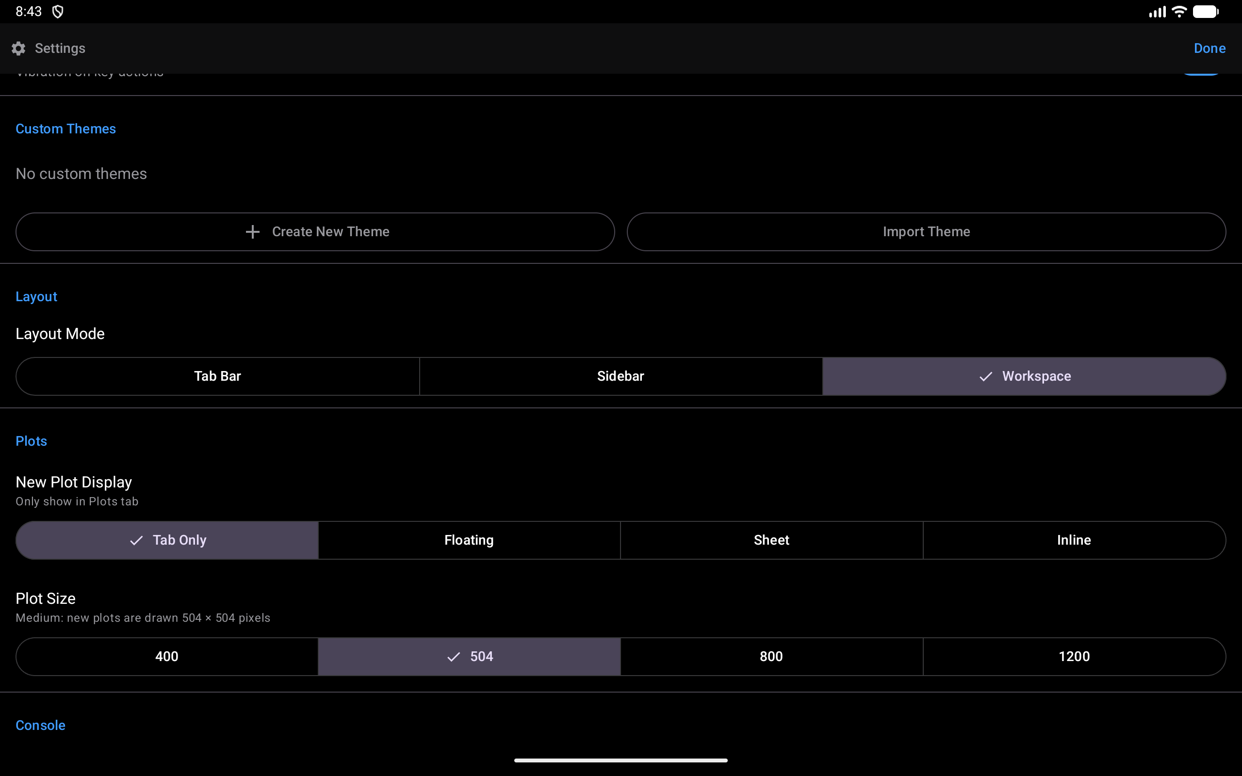 Settings open full screen from the Workspace on a tablet, at the Layout section, with the three Layout Mode choices, Tab Bar, Sidebar and Workspace, and Workspace selected, in dark mode