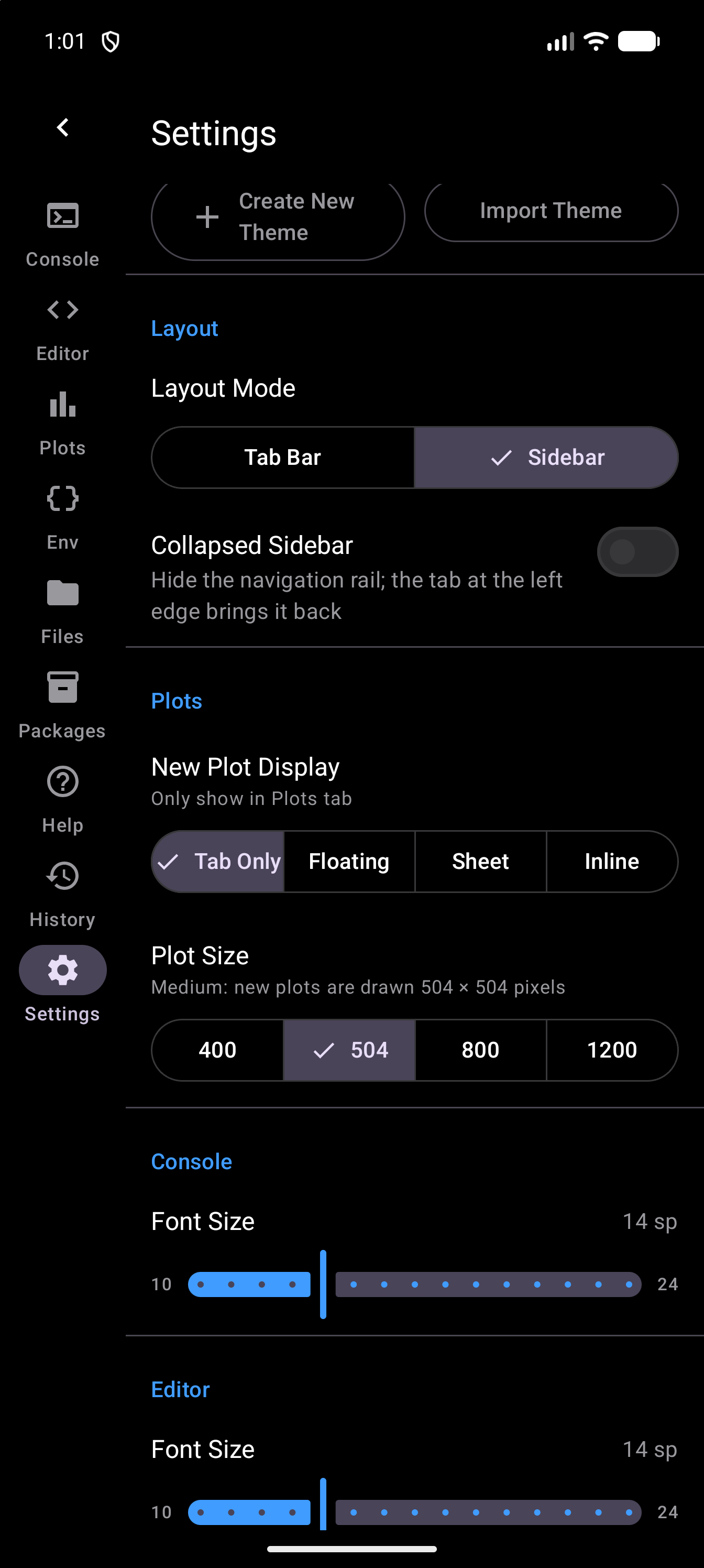 Settings in the Sidebar layout, with the navigation rail on the left, Sidebar selected under Layout Mode, and the Collapsed Sidebar switch, turned off, below it, in dark mode
