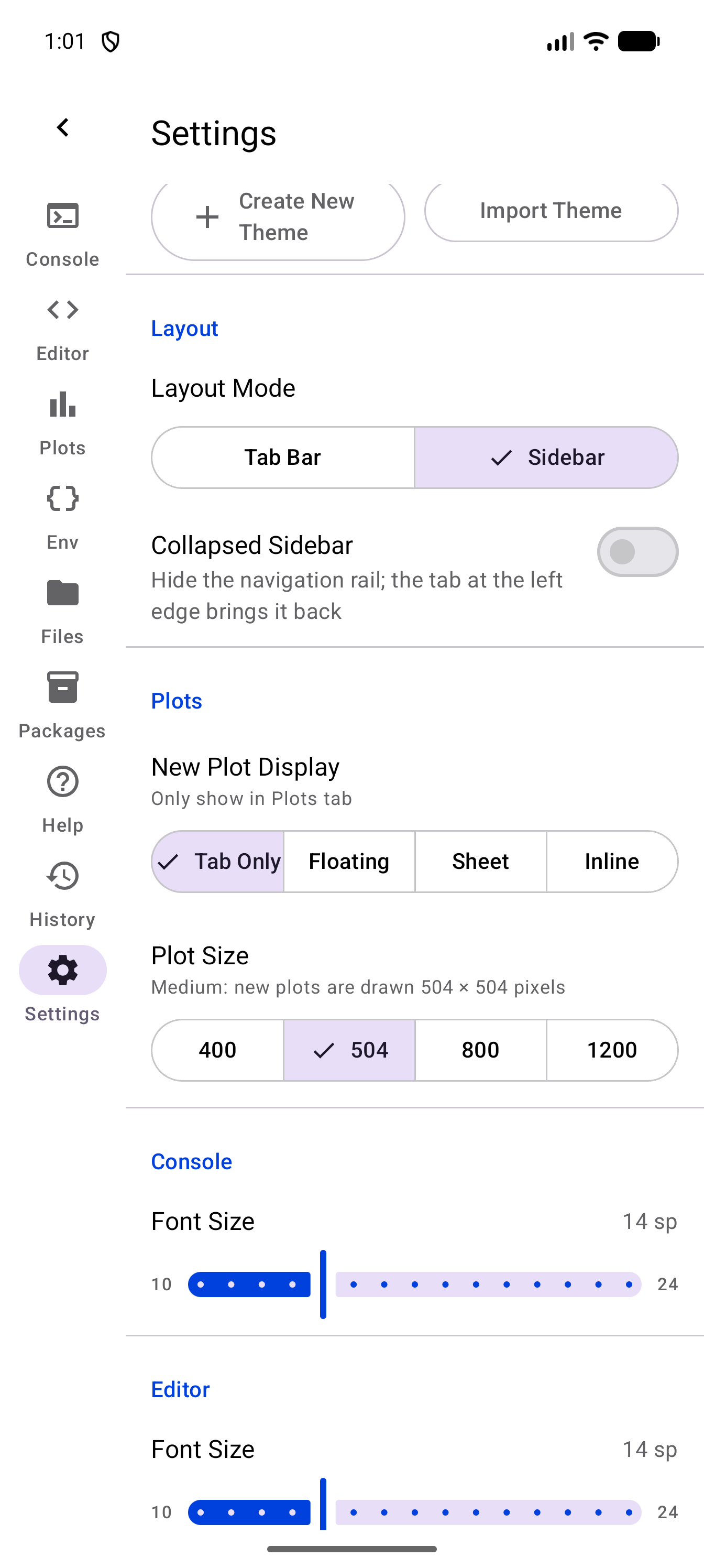 Settings in the Sidebar layout, with the navigation rail on the left, Sidebar selected under Layout Mode, and the Collapsed Sidebar switch, turned off, below it