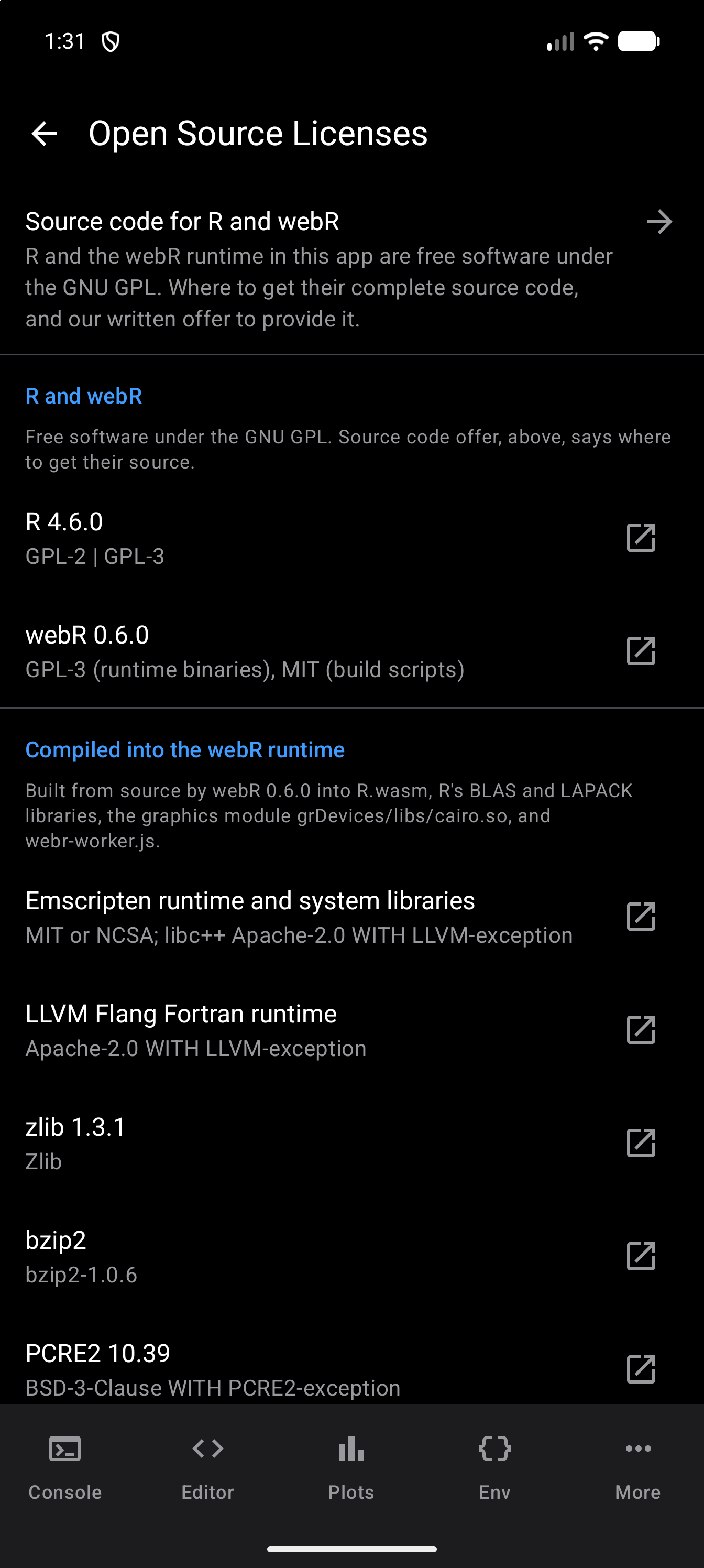 Open Source Licenses screen with the Source code for R and webR row at the top, then the R and webR group listing R 4.6.0 and webR 0.6.0 with their licenses, and the start of the Compiled into the webR runtime group, in dark mode