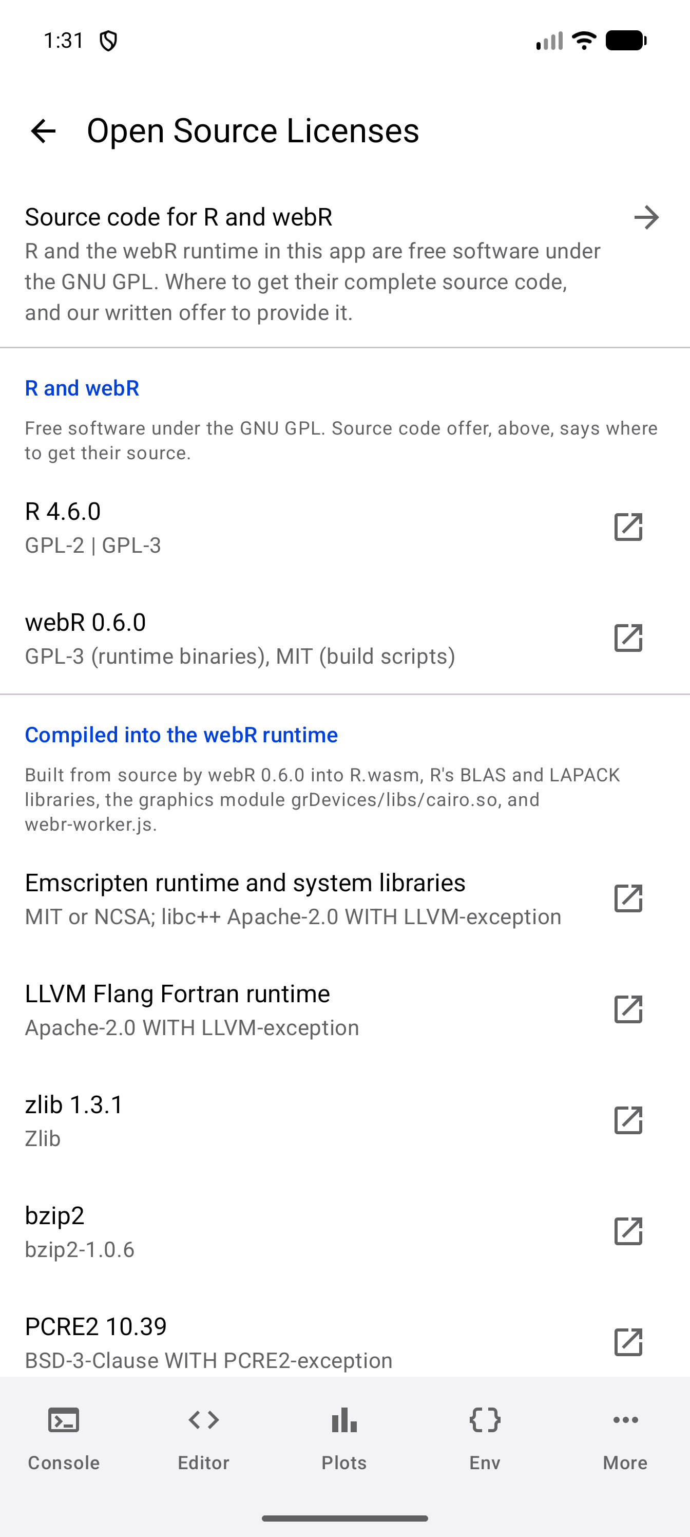 Open Source Licenses screen with the Source code for R and webR row at the top, then the R and webR group listing R 4.6.0 and webR 0.6.0 with their licenses, and the start of the Compiled into the webR runtime group