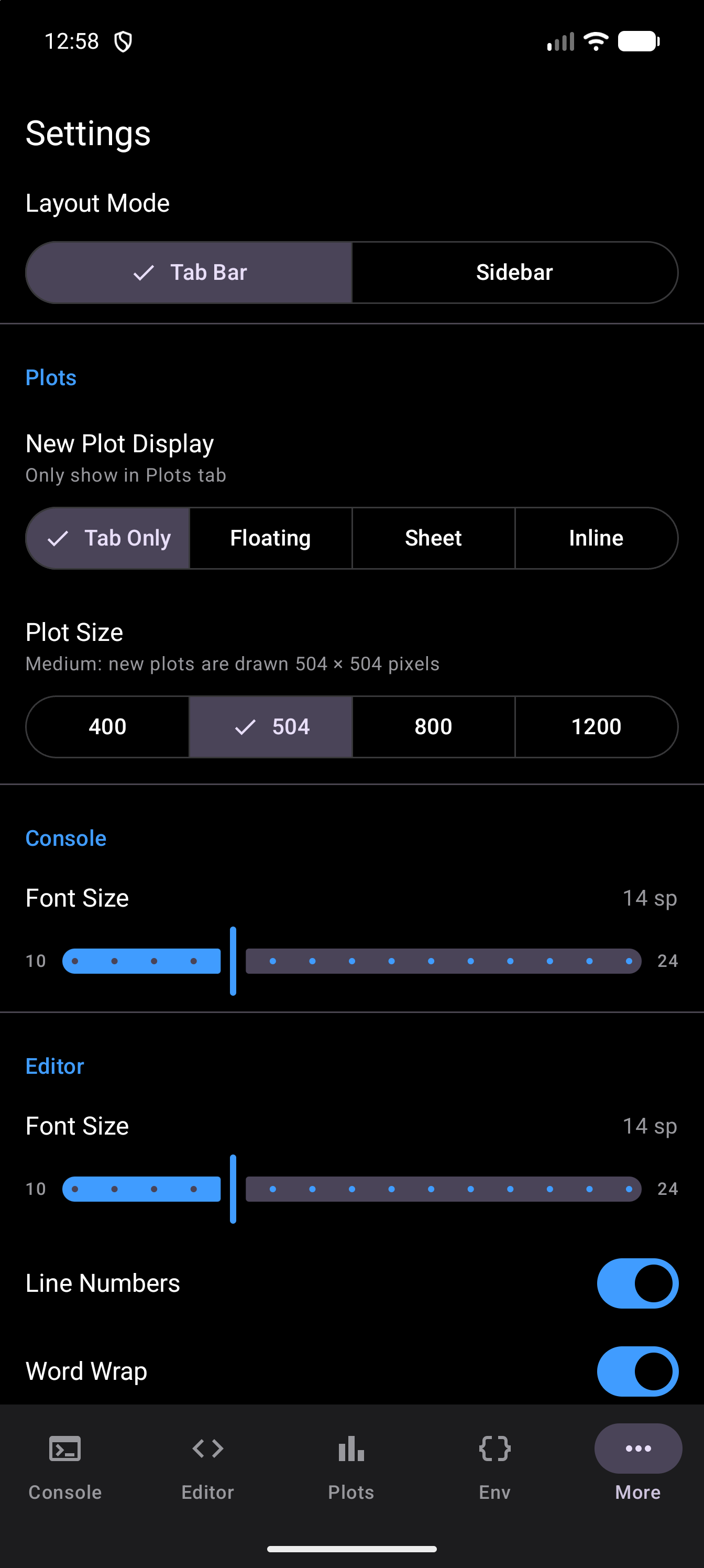 Plots settings with Tab Only selected under New Plot Display, whose summary reads “Only show in Plots tab”, and 504 selected under Plot Size, with the summary “Medium: new plots are drawn 504 × 504 pixels”, in dark mode