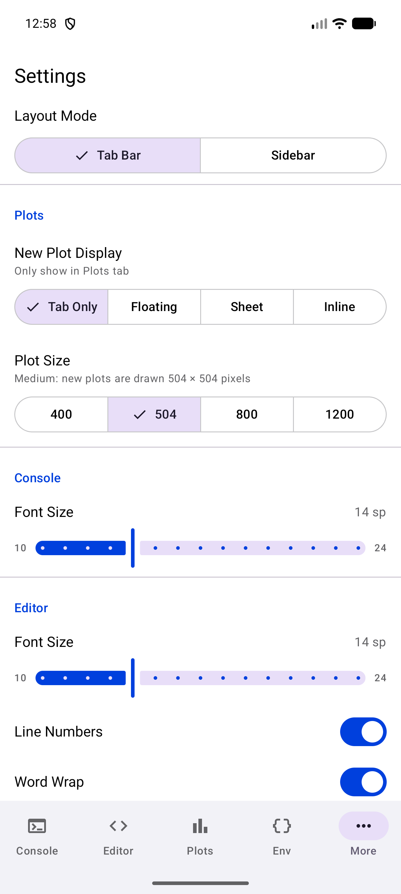 Plots settings with Tab Only selected under New Plot Display, whose summary reads “Only show in Plots tab”, and 504 selected under Plot Size, with the summary “Medium: new plots are drawn 504 × 504 pixels”