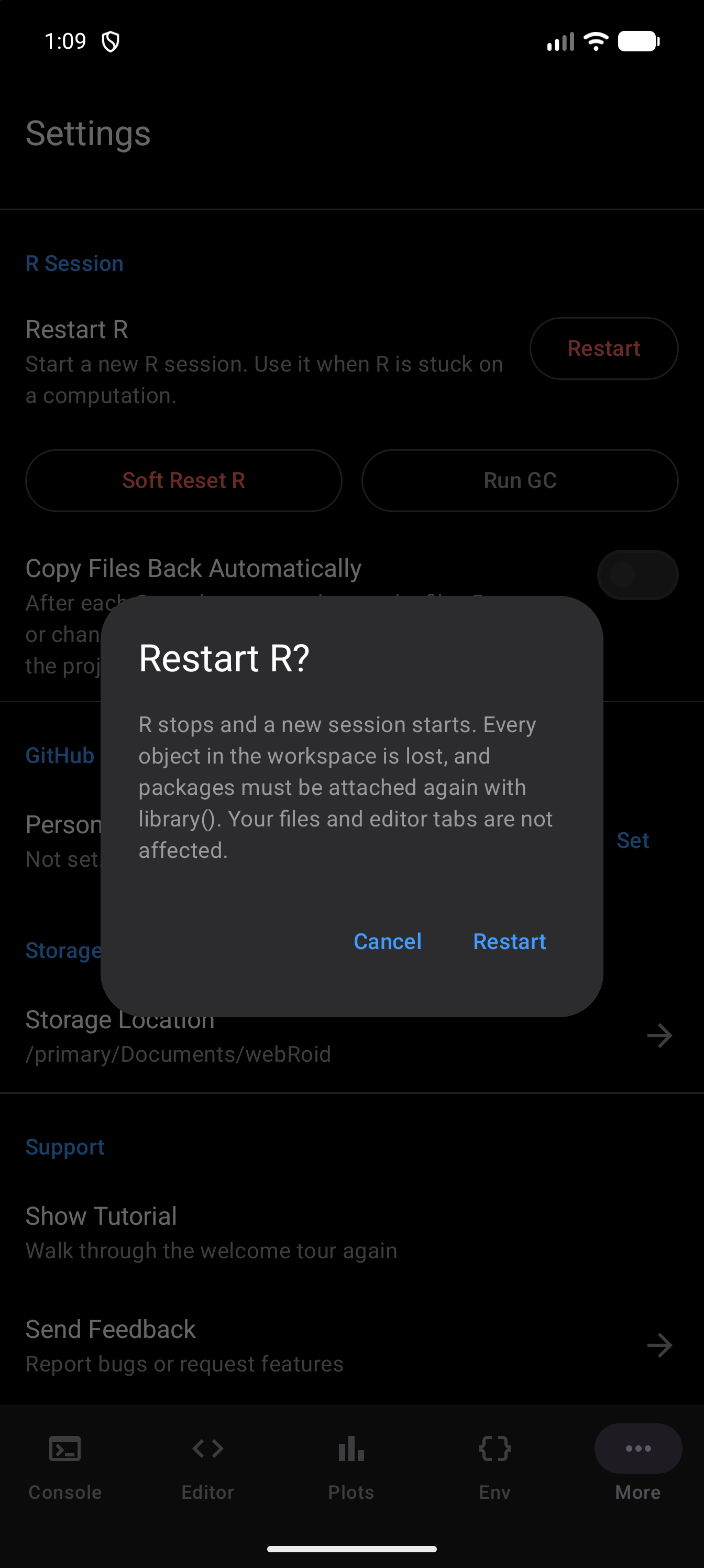 The Restart R? confirmation over Settings, saying that R stops and a new session starts, every object in the workspace is lost and packages must be attached again with library(), and files and editor tabs are not affected, with Cancel and Restart buttons, in dark mode