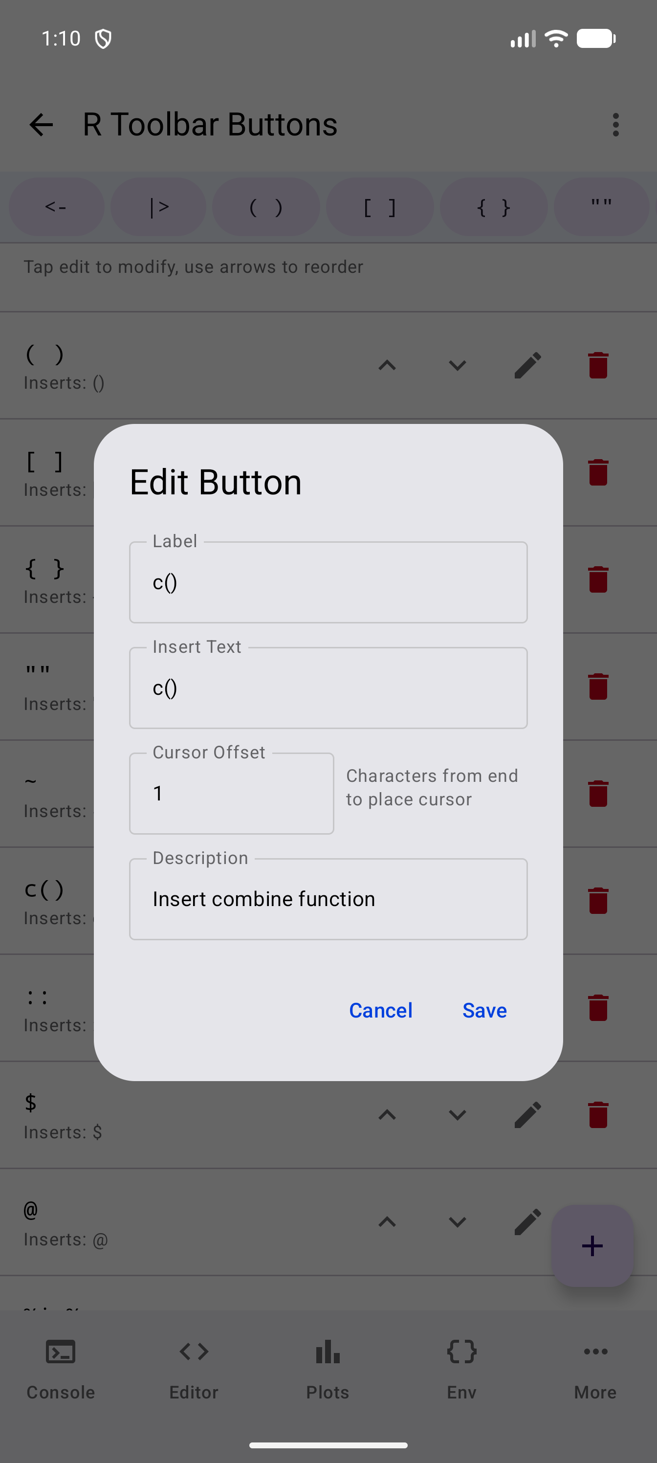 Edit Button dialog for the c() toolbar button, with c() as its Label and Insert Text, a Cursor Offset of 1 with the hint Characters from end to place cursor, the Description Insert combine function, and Cancel and Save