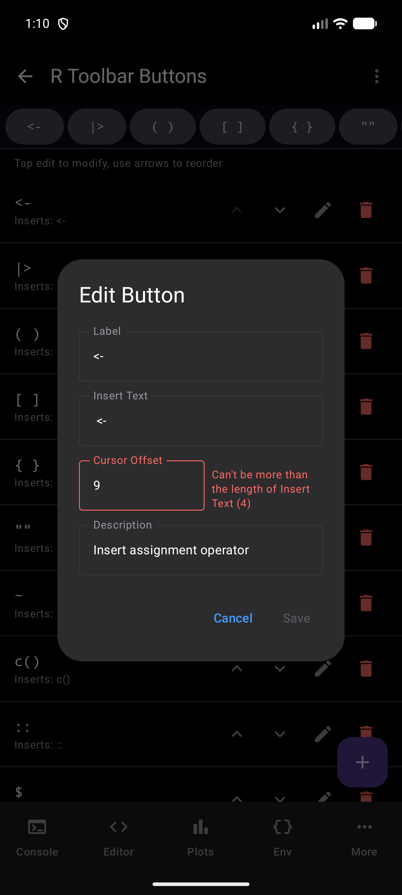 Edit Button dialog for the <- toolbar button with a Cursor Offset of 9, outlined in red with the error Can’t be more than the length of Insert Text (4), and Save greyed out, in dark mode