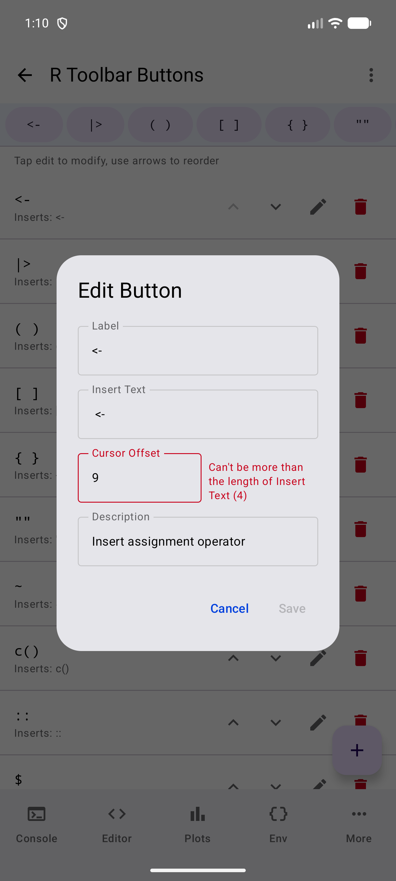 Edit Button dialog for the <- toolbar button with a Cursor Offset of 9, outlined in red with the error Can’t be more than the length of Insert Text (4), and Save greyed out