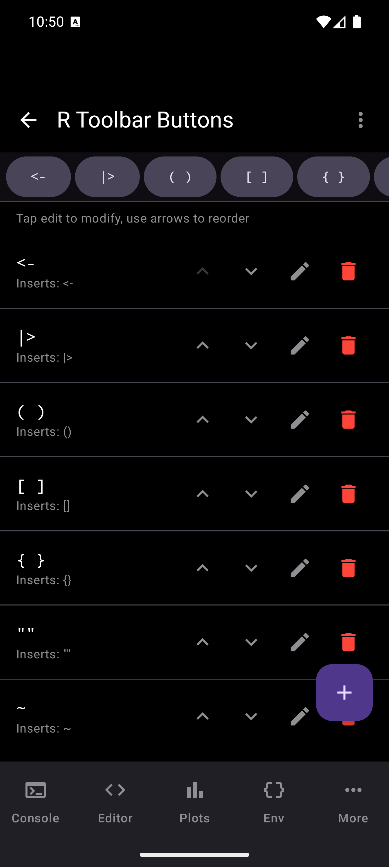 R Toolbar Buttons settings screen in dark theme