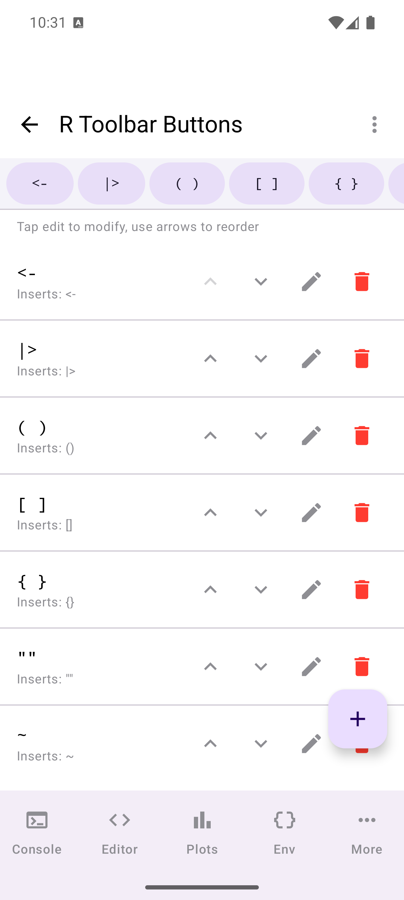 R Toolbar Buttons settings screen in light theme