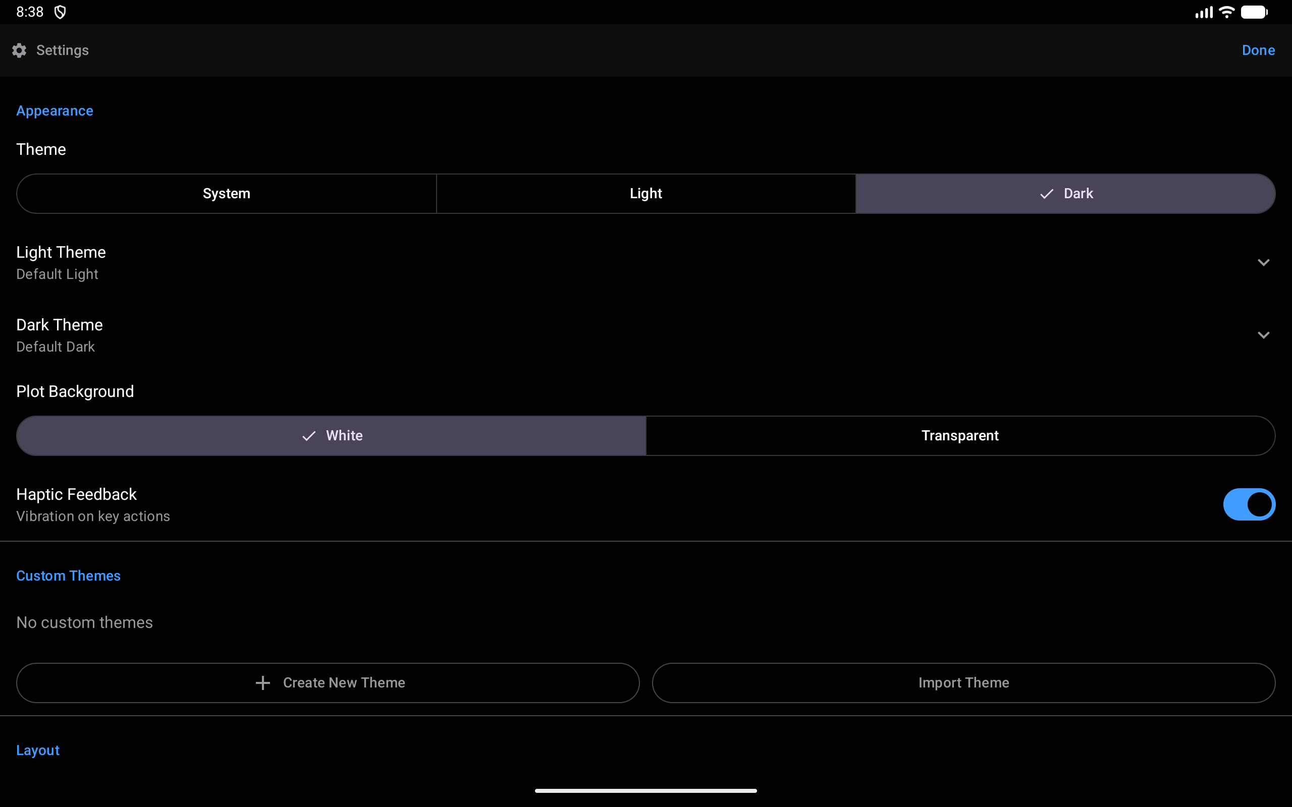 Settings opened from the Environment pane’s gear in Workspace layout, in dark mode