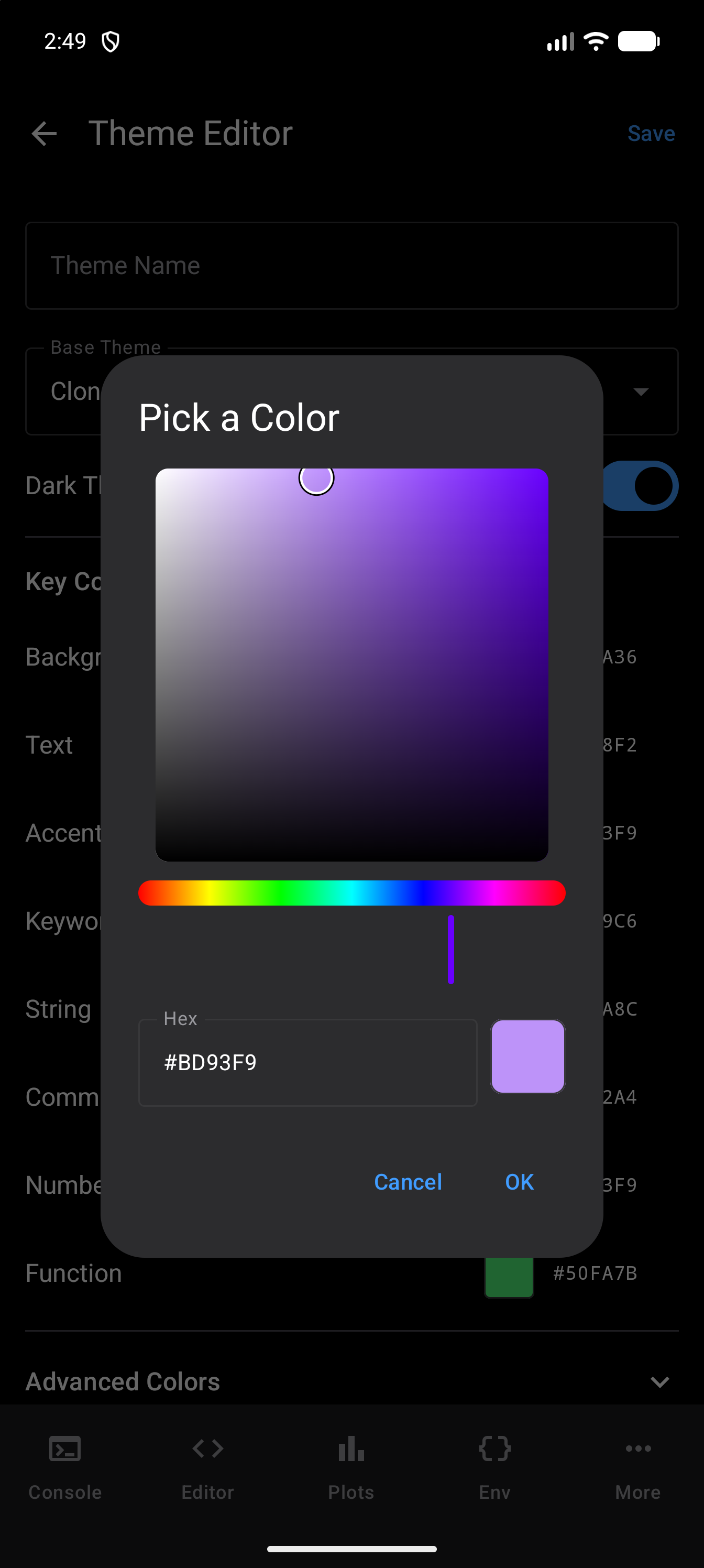 Pick a Color dialog over the Theme Editor, with a saturation and brightness square in shades of purple, a rainbow hue slider, the Hex field reading #BD93F9 beside a matching purple swatch, and Cancel and OK, in dark mode