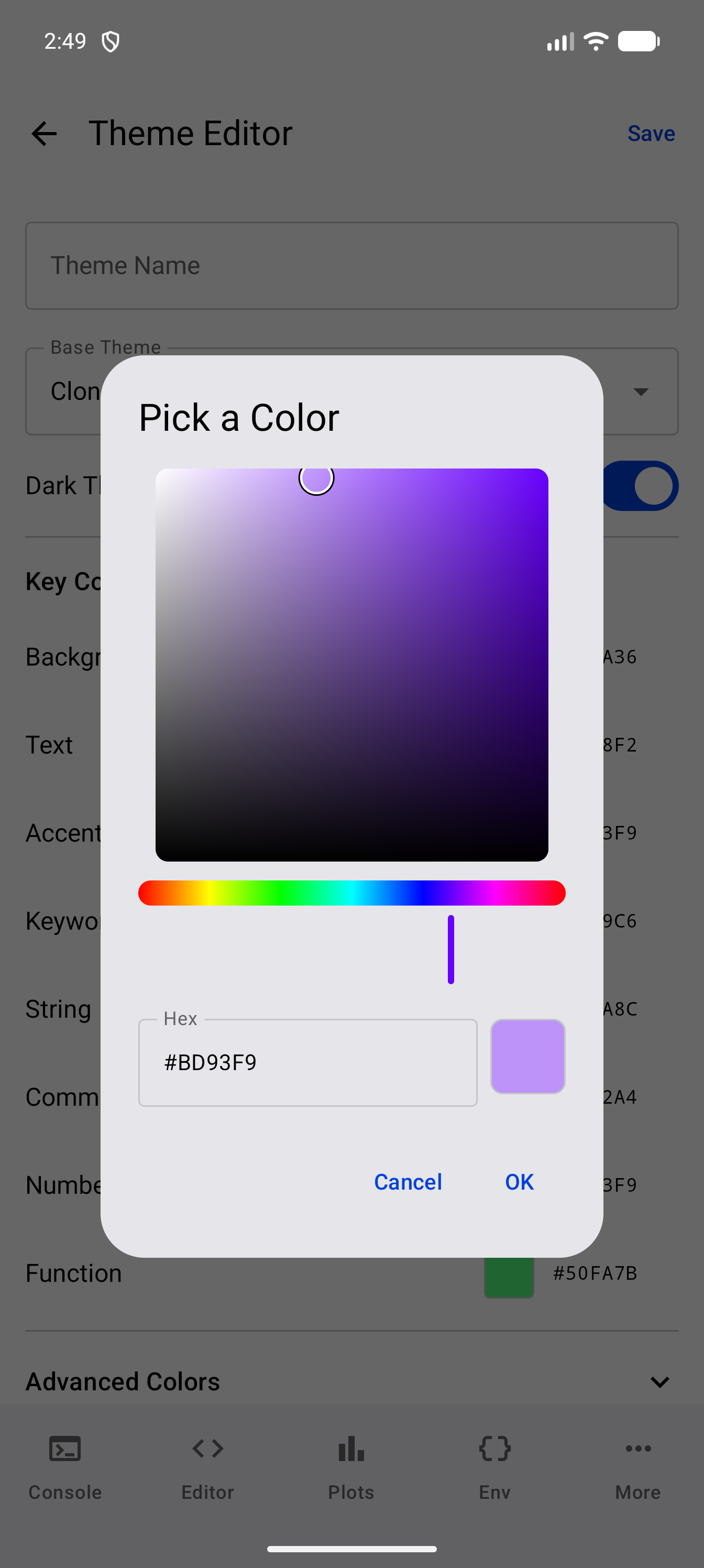 Pick a Color dialog over the Theme Editor, with a saturation and brightness square in shades of purple, a rainbow hue slider, the Hex field reading #BD93F9 beside a matching purple swatch, and Cancel and OK