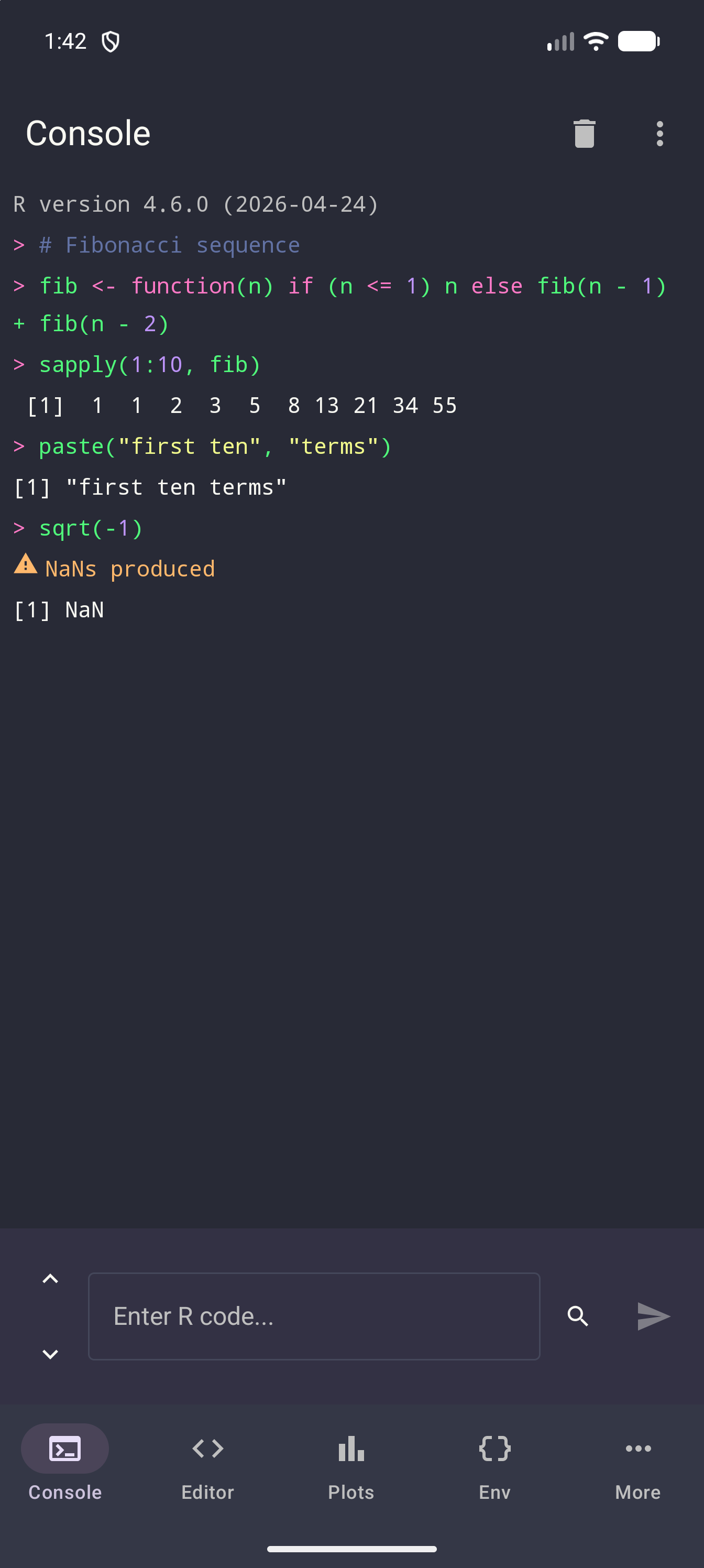 Console under Dracula at Android’s Standard contrast level, after a short Fibonacci example, with the # Fibonacci sequence comment in the theme’s own muted blue, in dark mode