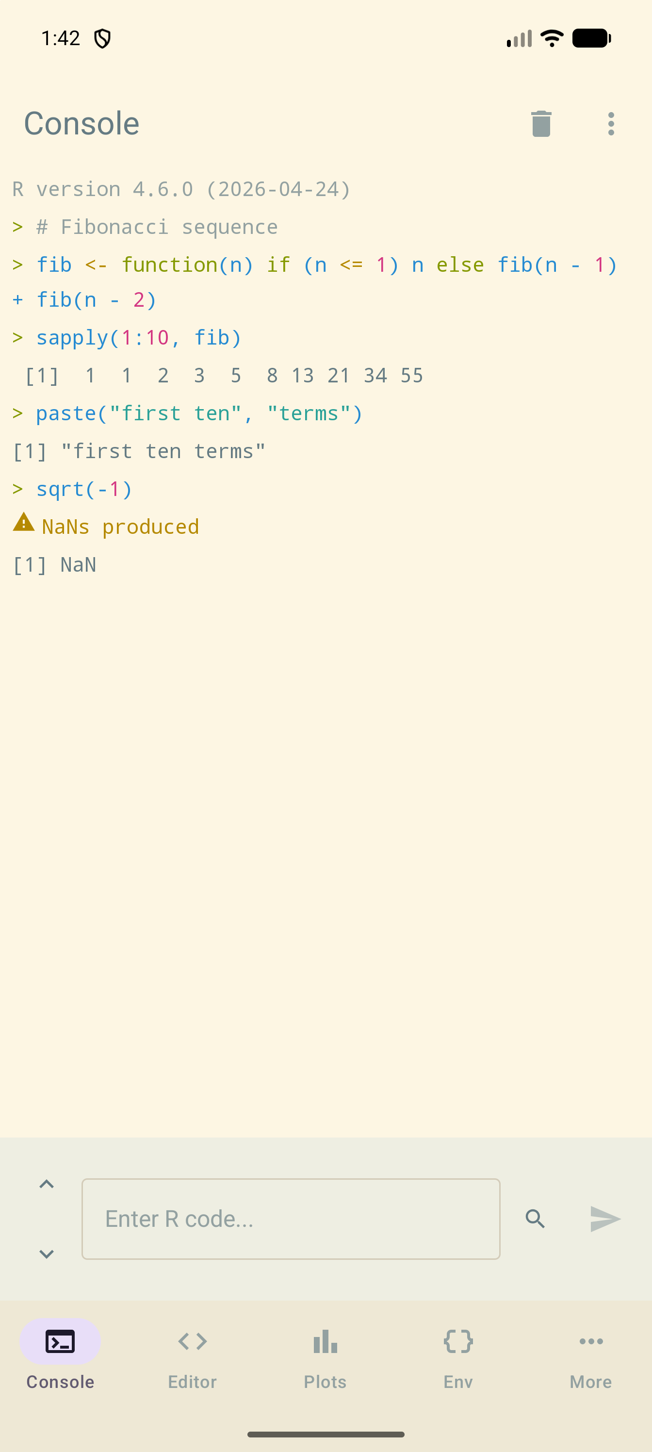 Console under Solarized Light at Android’s Standard contrast level, after a short Fibonacci example, with the # Fibonacci sequence comment in the theme’s own pale grey on its cream background