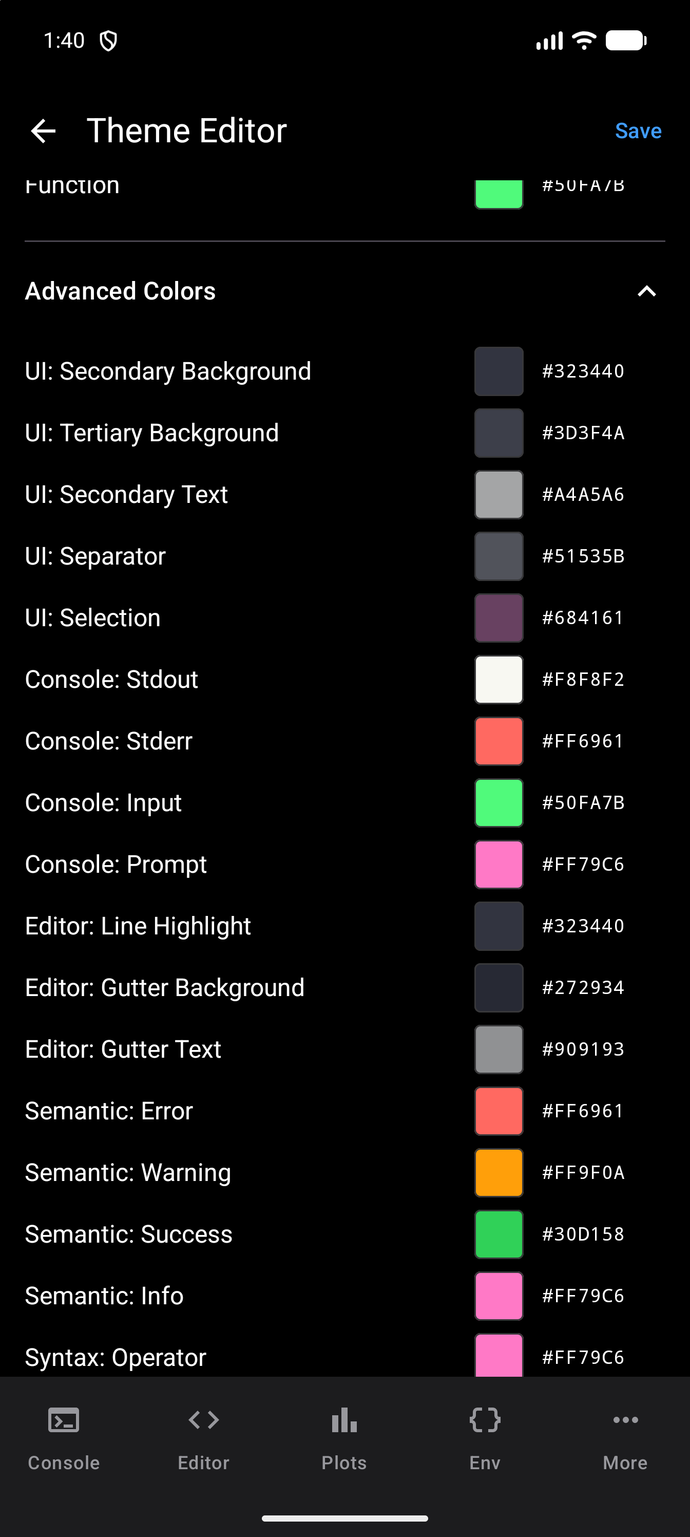 Theme Editor with Advanced Colors expanded, each color with its swatch and hex value: the UI secondary and tertiary backgrounds, secondary text, separator and selection; the Console stdout, stderr, input and prompt; the Editor line highlight, gutter background and gutter text; the Semantic error, warning, success and info; and the Syntax operator color, in dark mode