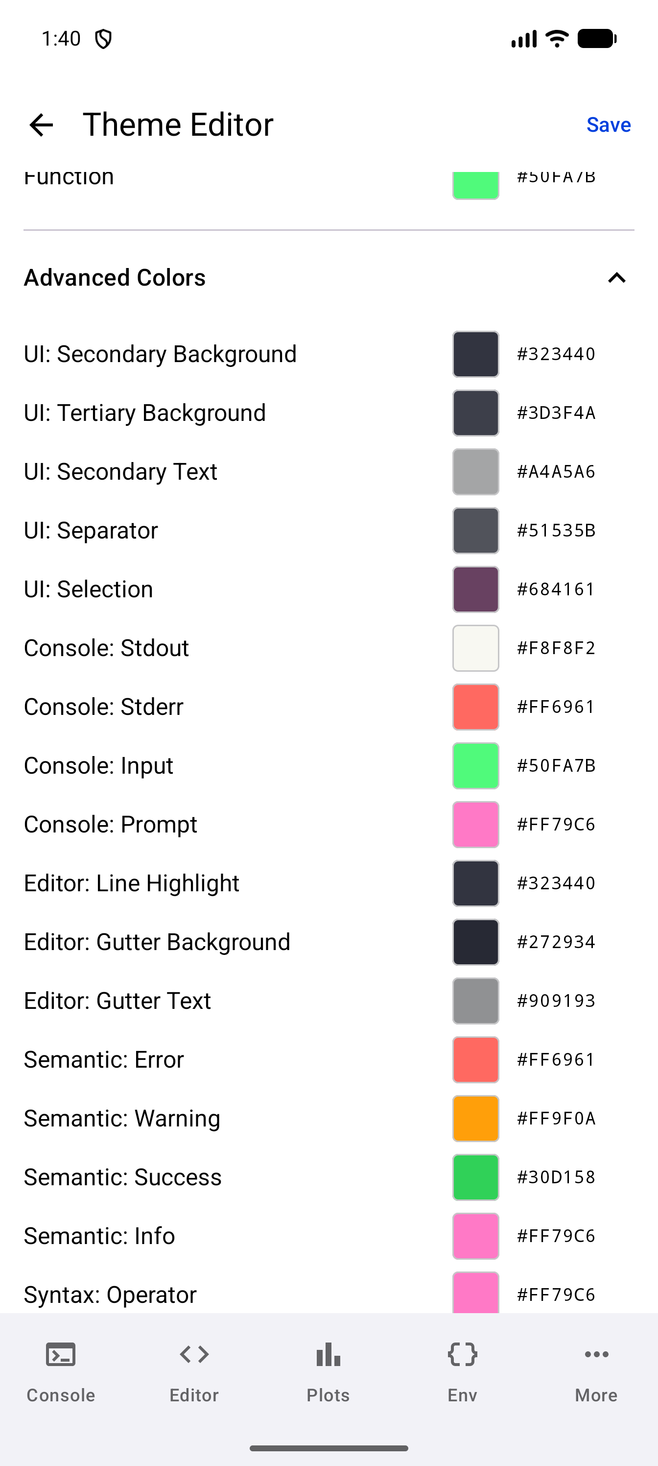 Theme Editor with Advanced Colors expanded, each color with its swatch and hex value: the UI secondary and tertiary backgrounds, secondary text, separator and selection; the Console stdout, stderr, input and prompt; the Editor line highlight, gutter background and gutter text; the Semantic error, warning, success and info; and the Syntax operator color