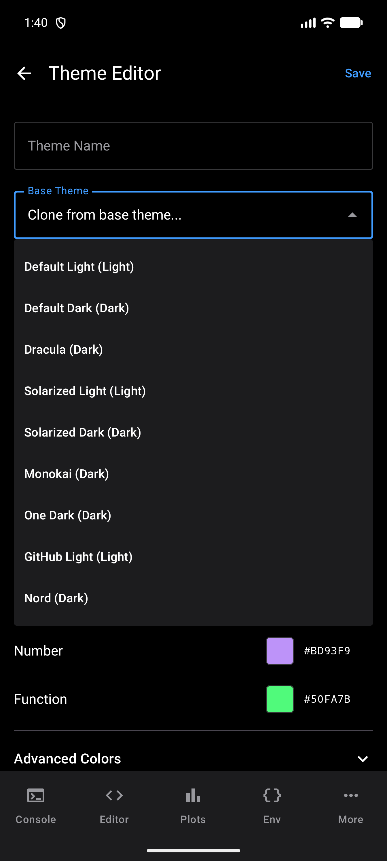 Theme Editor with the Base Theme list open below the Clone from base theme field, listing the nine built-in themes from Default Light (Light) to Nord (Dark), in dark mode