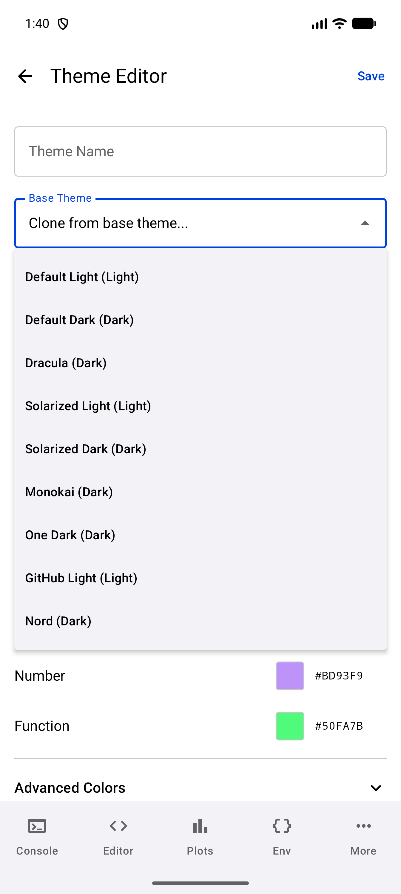 Theme Editor with the Base Theme list open below the Clone from base theme field, listing the nine built-in themes from Default Light (Light) to Nord (Dark)